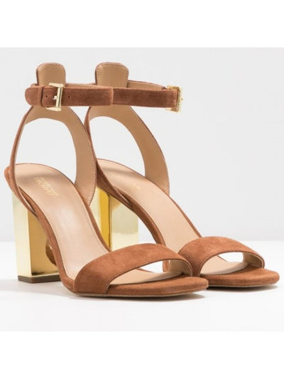 MICHAEL KORS Womens Brown Mirrored Heel Ankle Strap Cushioned Petra Square Toe Sculpted Heel Buckle Leather Dress Sandals Shoes 10 M