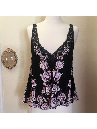 FREE PEOPLE Womens Black Floral Sleeveless V Neck Tank Intimates Top Size: S