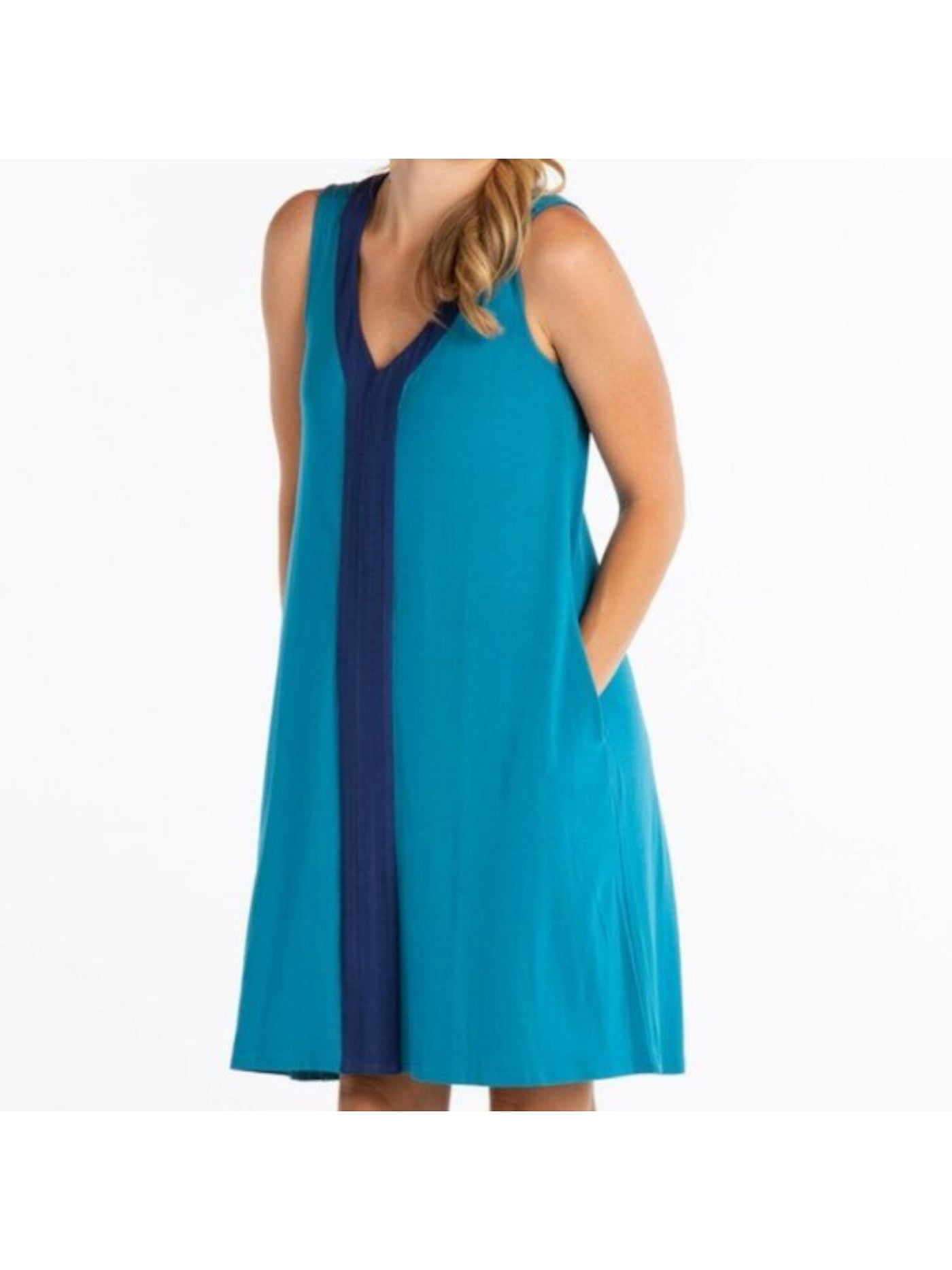 FRESH PRODUCE Womens Blue Stretch Pocketed Pullover Sleeveless V Neck Above The Knee Shift Dress S