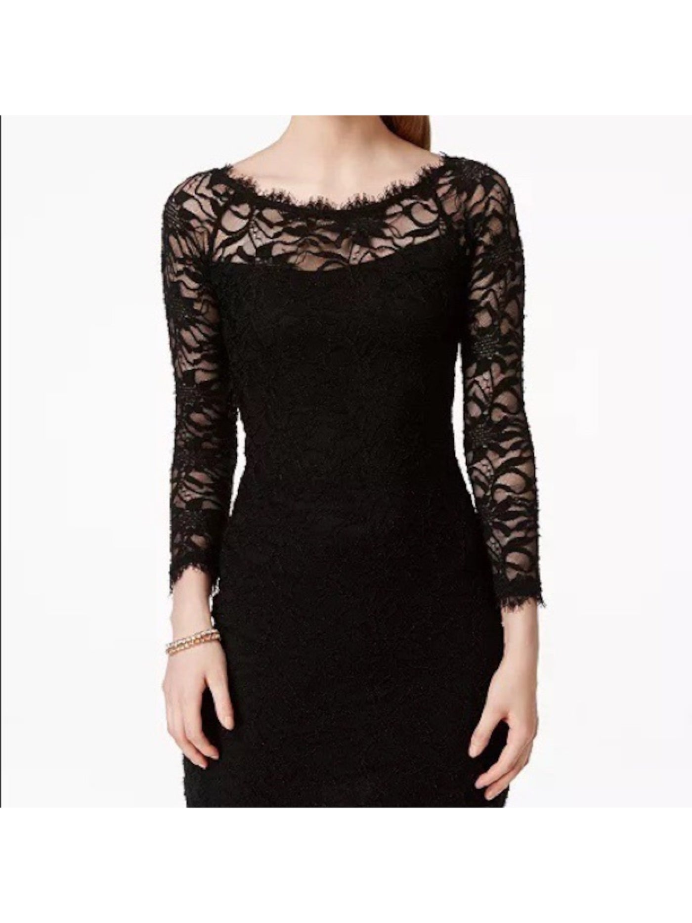 JUMP APPAREL Womens Black Lace Sheer Lined Fringed Long Sleeve Boat Neck Short Party Body Con Dress Juniors XS