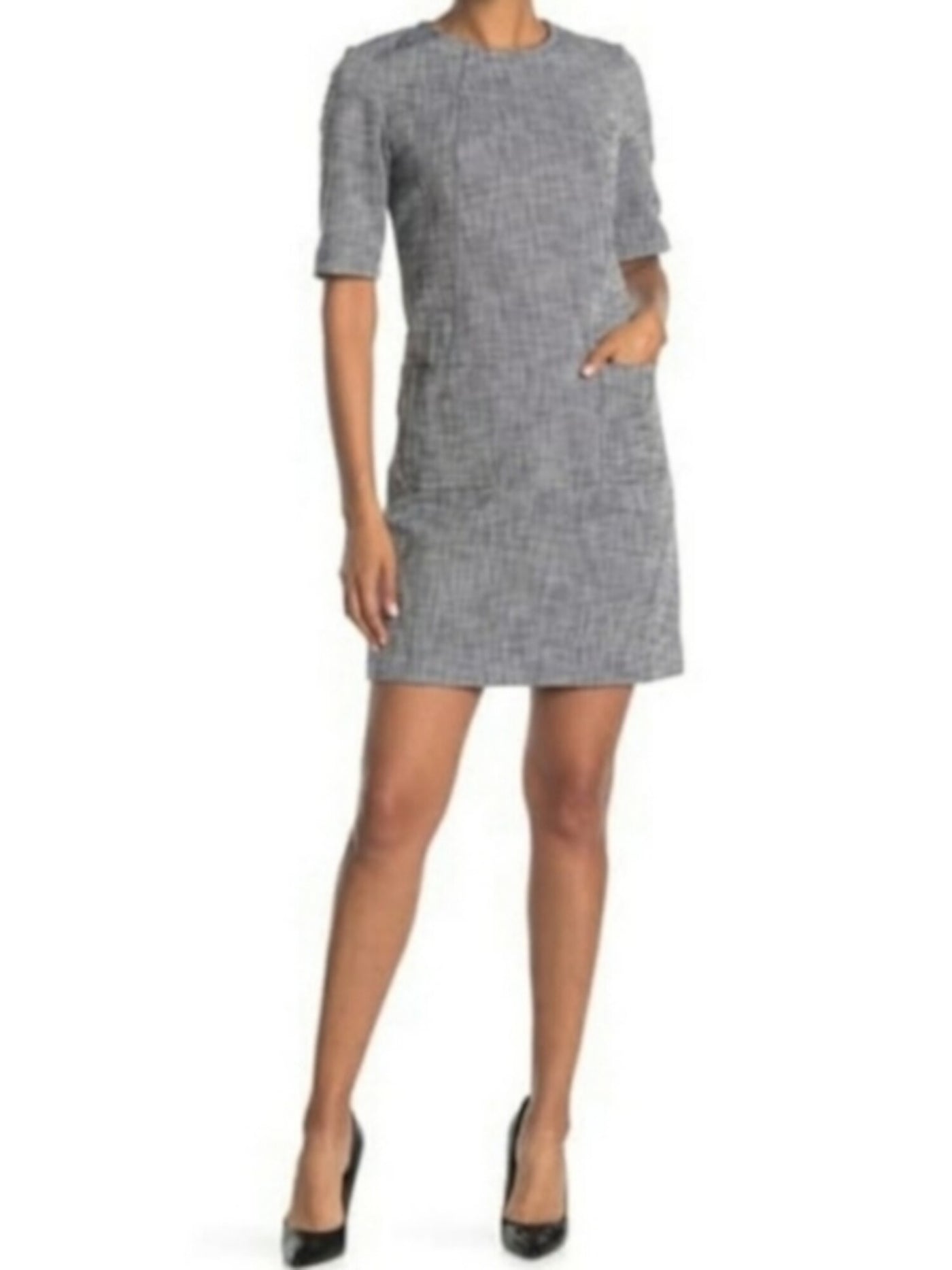 TRINA TURK Womens Gray Patterned Short Sleeve Jewel Neck Above The Knee Evening Shift Dress 8