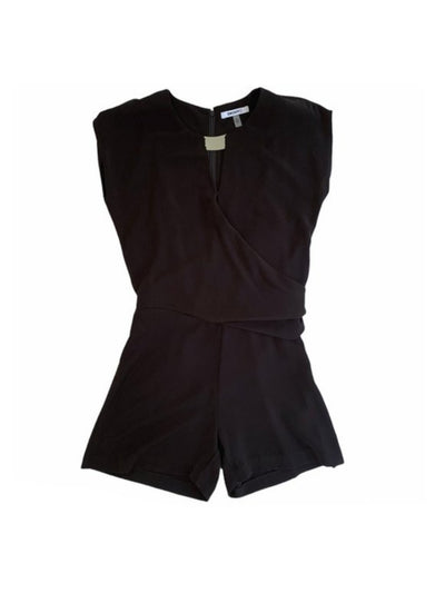 DKNYC Womens Black Zippered Ruched Keyhole Hardware Wrap Front Sleeveless Round Neck Shorts Romper 8