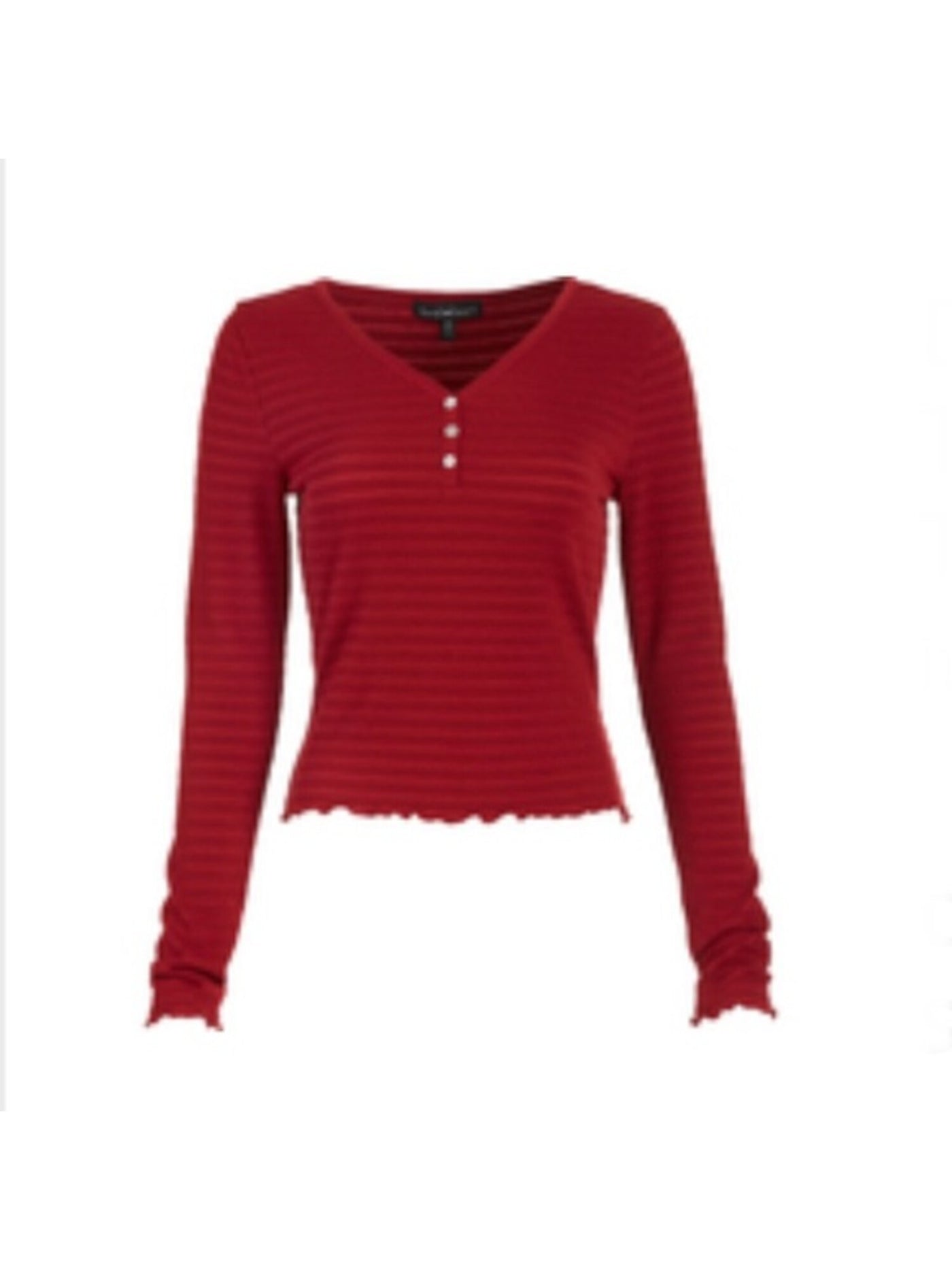 DEREK HEART Womens Red Stretch Ribbed Scalloped Textured Henley Long Sleeve V Neck Top S