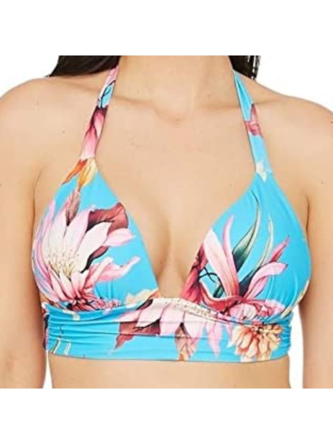 LA BLANCA Women's Blue Tropical Print Stretch Banded Bra Tie Molded Cup Deep V Neck Halter Swimsuit Top 4