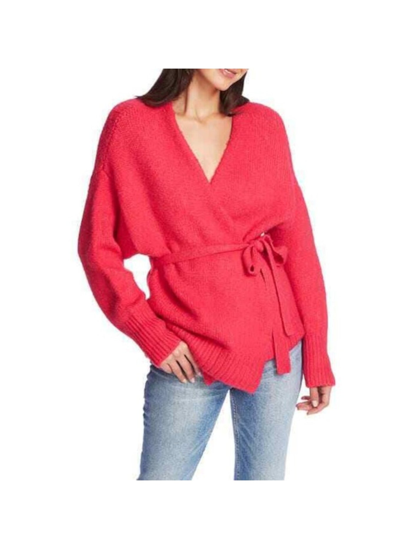 1. STATE Womens Pink Stretch Belted Long Sleeve Surplice Neckline Sweater XS