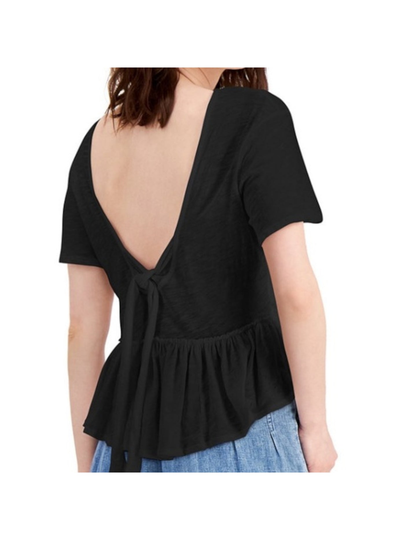 INC Womens Black Ruffled V-back With Tie Short Sleeve Crew Neck Peplum Top XL