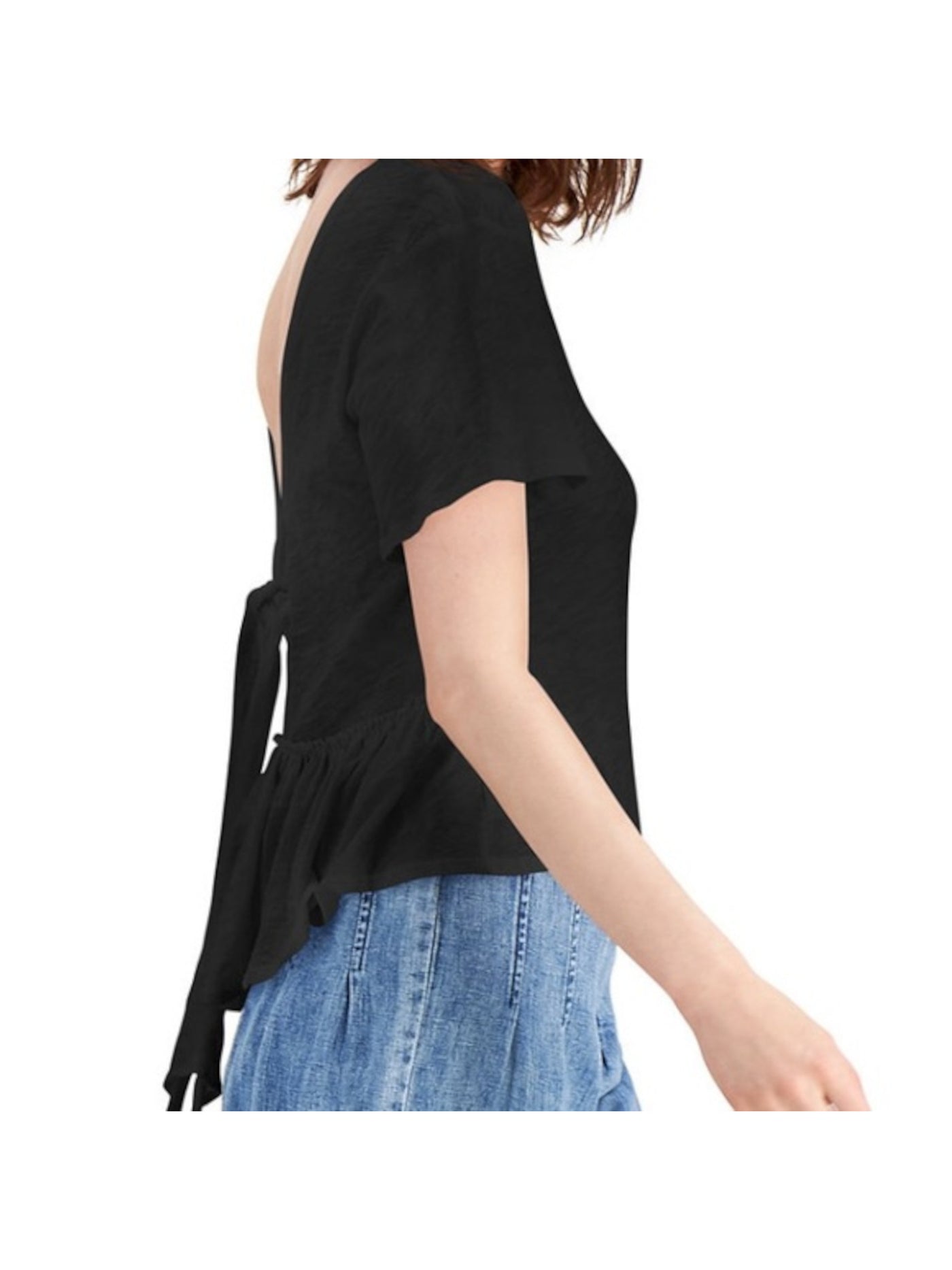 INC Womens Black Ruffled V-back With Tie Short Sleeve Crew Neck Peplum Top XL