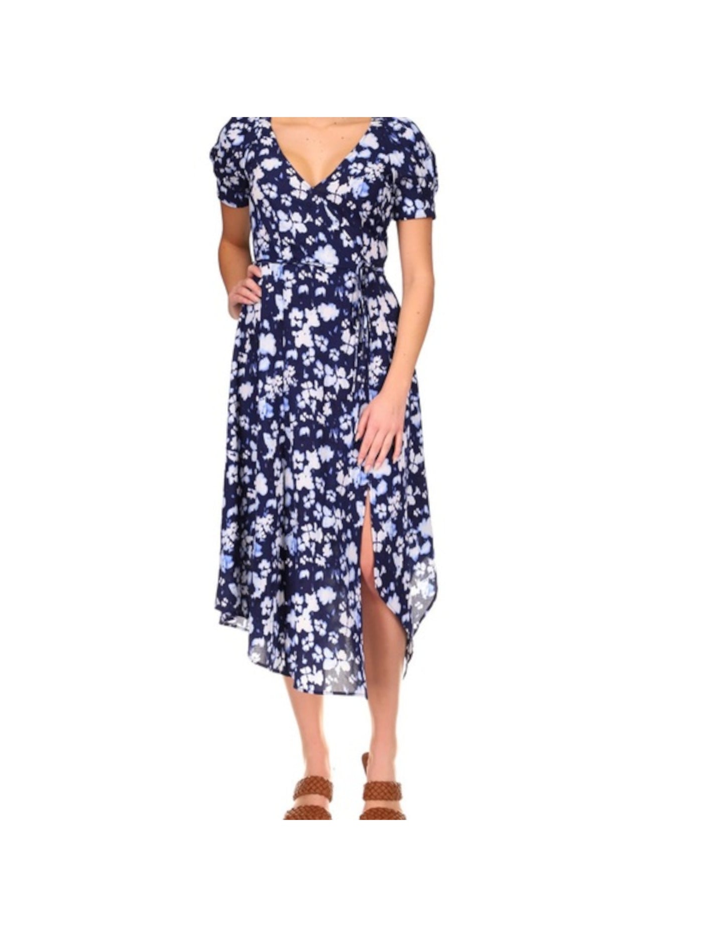 MICHAEL MICHAEL KORS Womens Navy Printed Short Sleeve Surplice Neckline Midi Wear To Work Faux Wrap Dress XXS