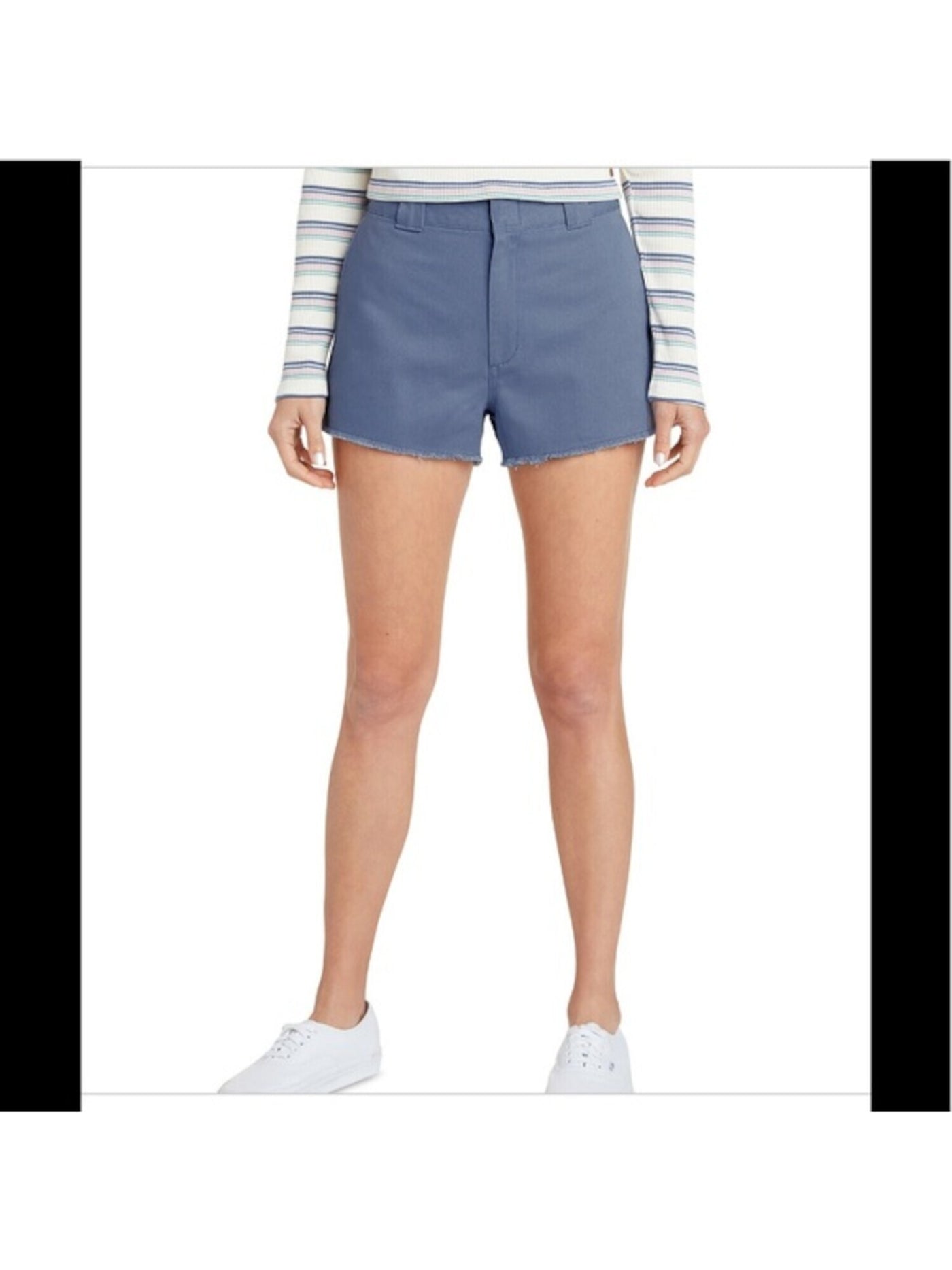 DICKIES Womens Denim Frayed Pocketed Zippered High Waist Shorts