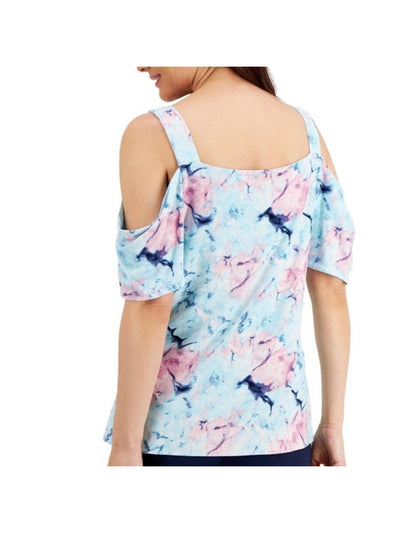 JM COLLECTION Womens Blue Stretch Cold Shoulder Printed Square Neck Top Petites P\S