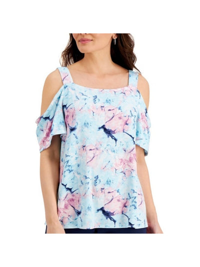 JM COLLECTION Womens Blue Stretch Cold Shoulder Printed Square Neck Top Petites P\S