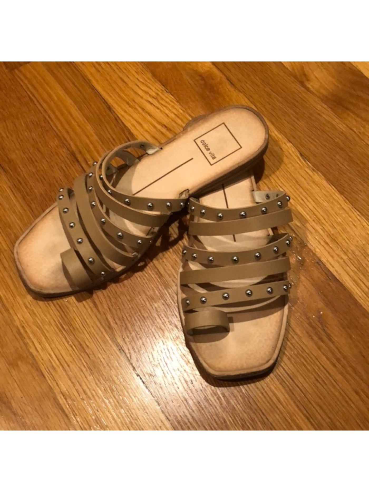 DOLCE VITA Womens Beige Toe-Loop Strappy Studded Kaylee Square Toe Block Heel Slip On Slide Sandals Shoes 6