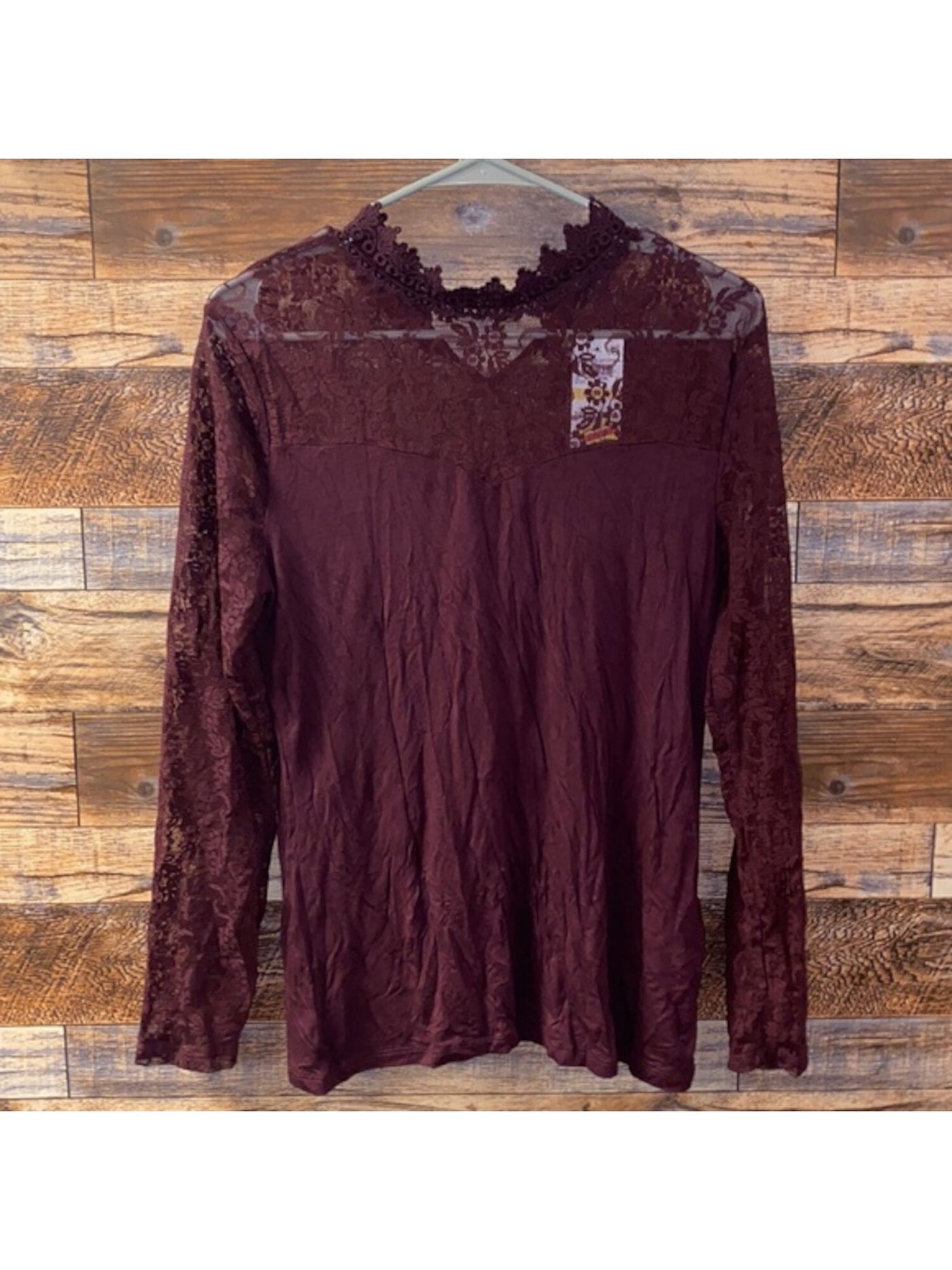 INC Womens Burgundy Lace Long Sleeve Mock Neck Top L