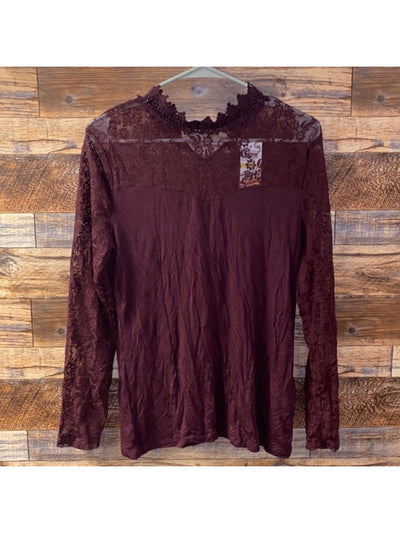 INC Womens Burgundy Lace Long Sleeve Mock Neck Top L