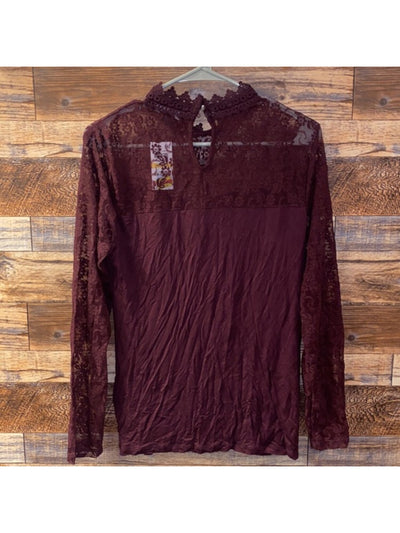 INC Womens Burgundy Lace Long Sleeve Mock Neck Top L
