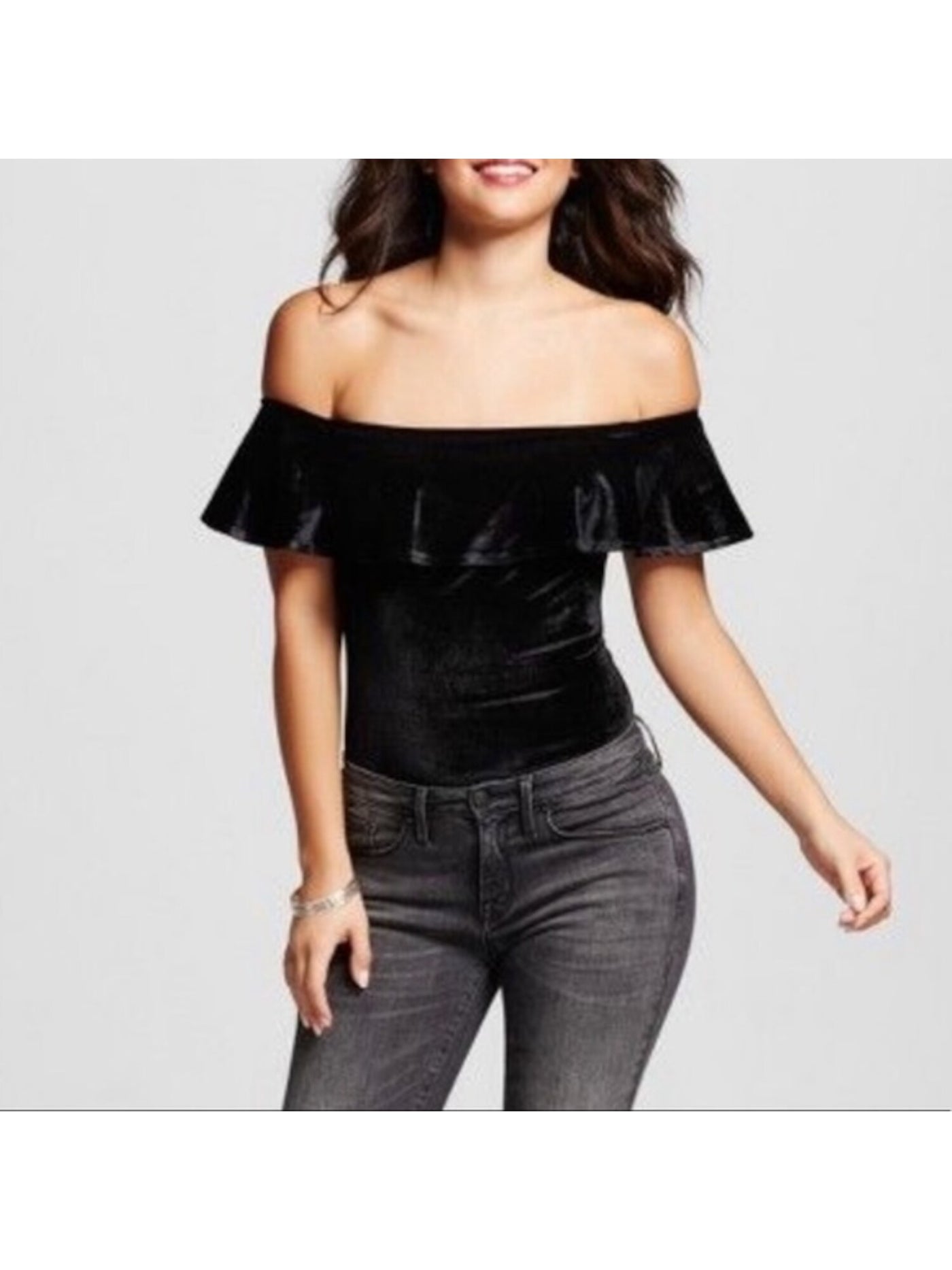 MAISIE Womens Stretch Ruffled Velvet Snap-closure Flutter Sleeve Off Shoulder Party Body Suit Top