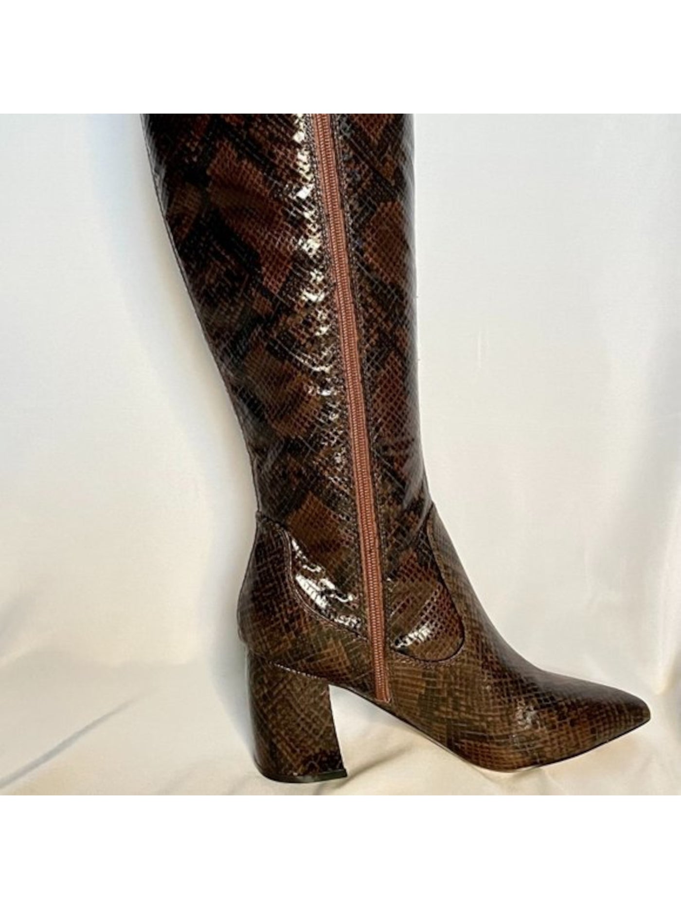 MARC FISHER Womens Brown Snake Print Cushioned Asymmetrical Retie Pointed Toe Block Heel Zip-Up Dress Boots 7.5 M