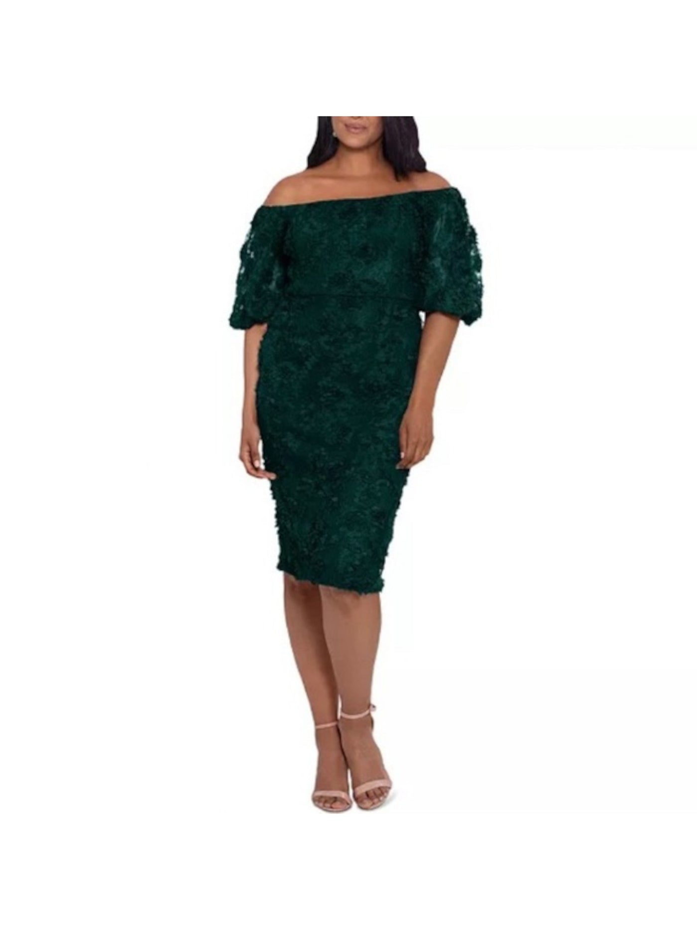 XSCAPE Womens Green Stretch Lace Zippered Elbow Sleeve Off Shoulder Below The Knee Formal Sheath Dress 8