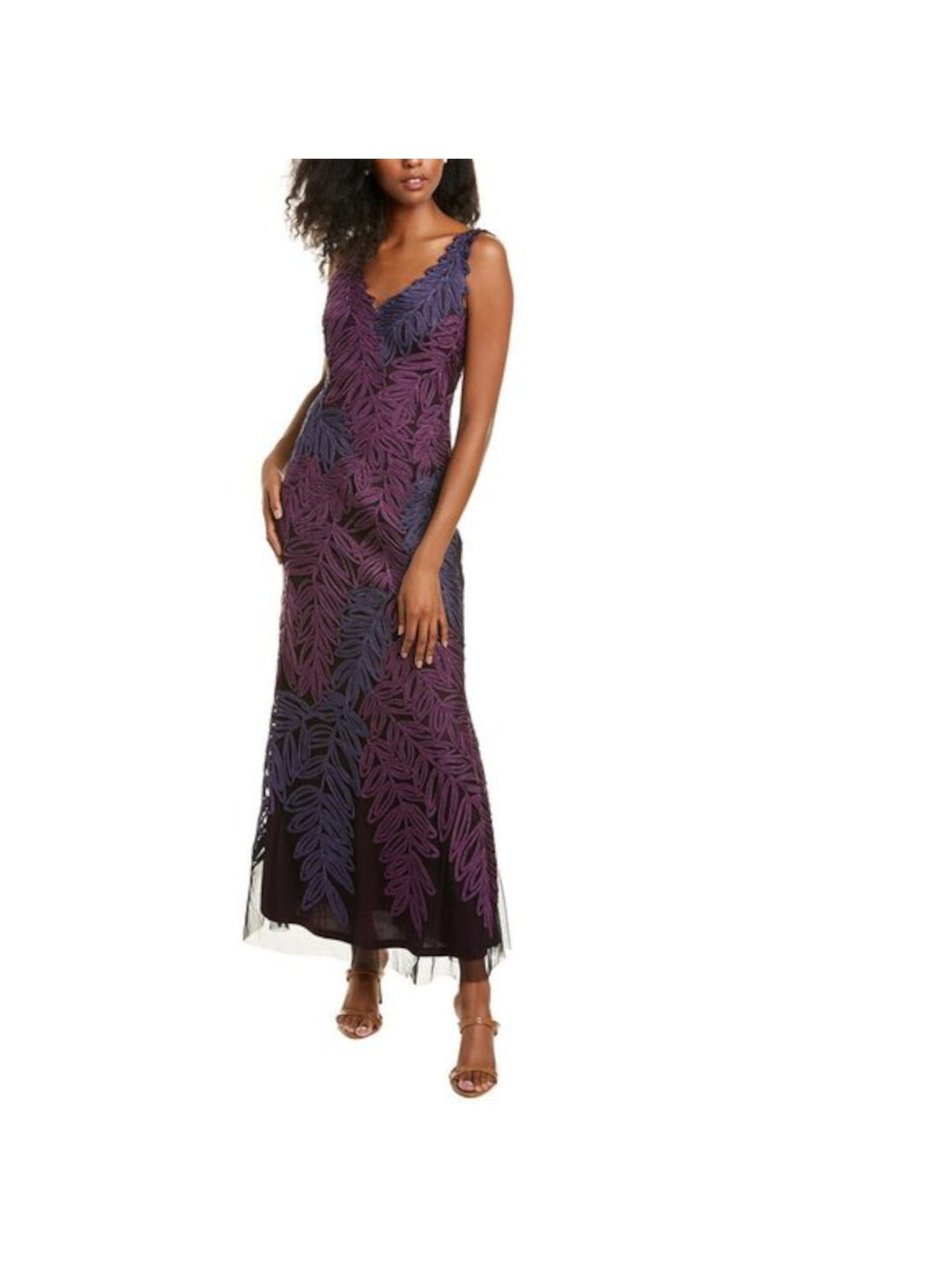 JS COLLECTIONS Womens Purple Zippered Lace Soutache Embroidered Sleeveless V Neck Maxi Formal Gown Dress 6
