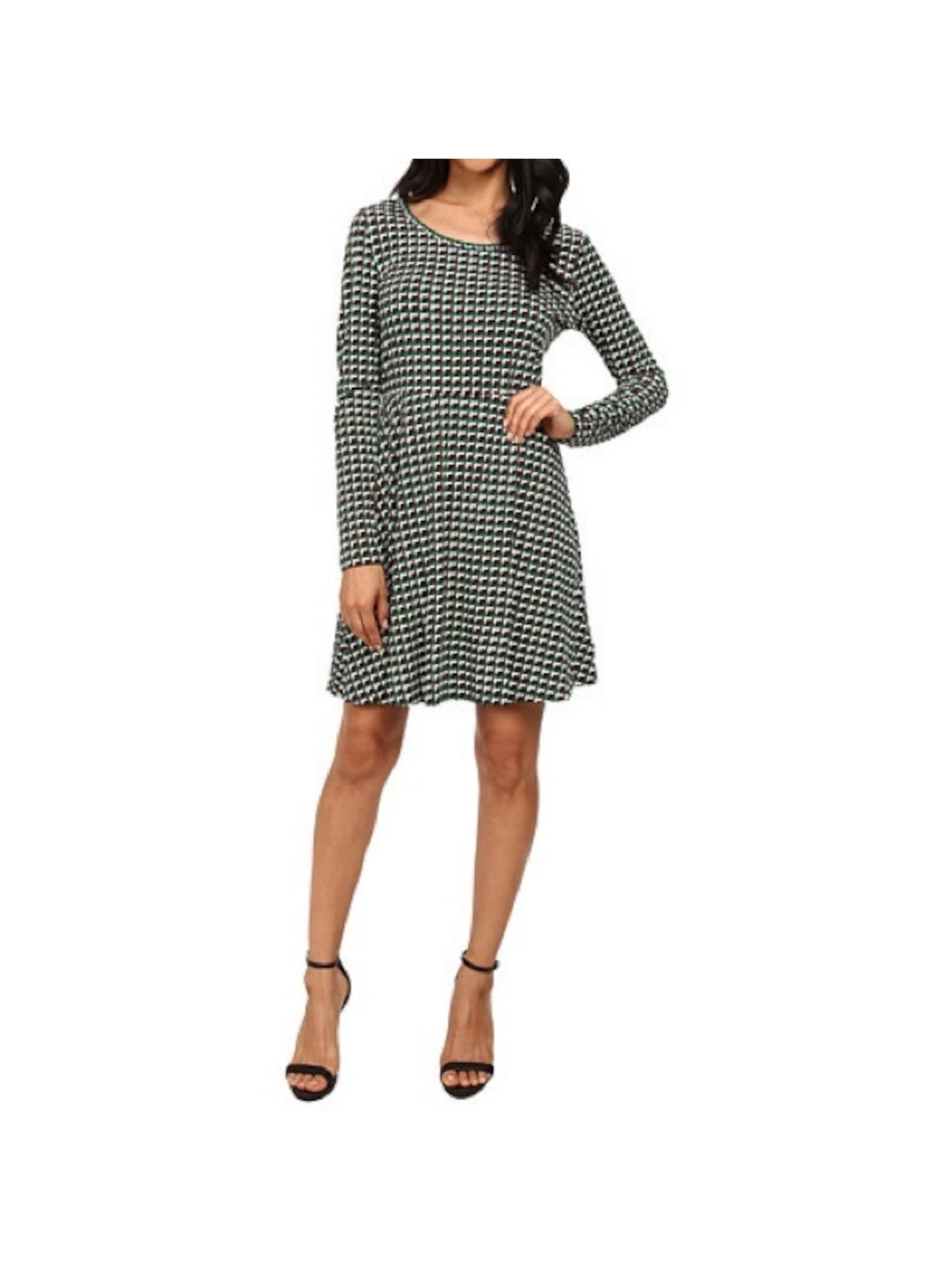 MICHAEL KORS Womens Green Zippered Printed Long Sleeve Scoop Neck Above The Knee Fit + Flare Dress Plus 0X