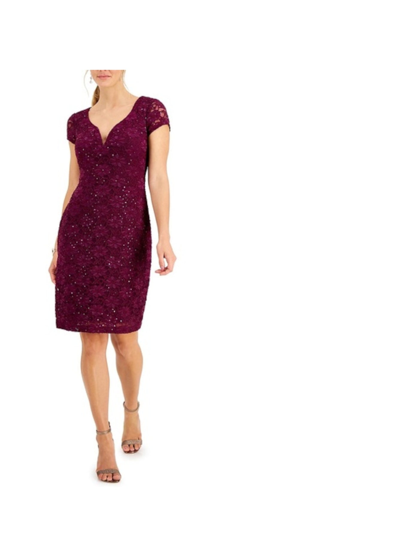 CONNECTED APPAREL Womens Burgundy Sequined Lace Zippered Floral Cap Sleeve Sweetheart Neckline Above The Knee Evening Body Con Dress 14