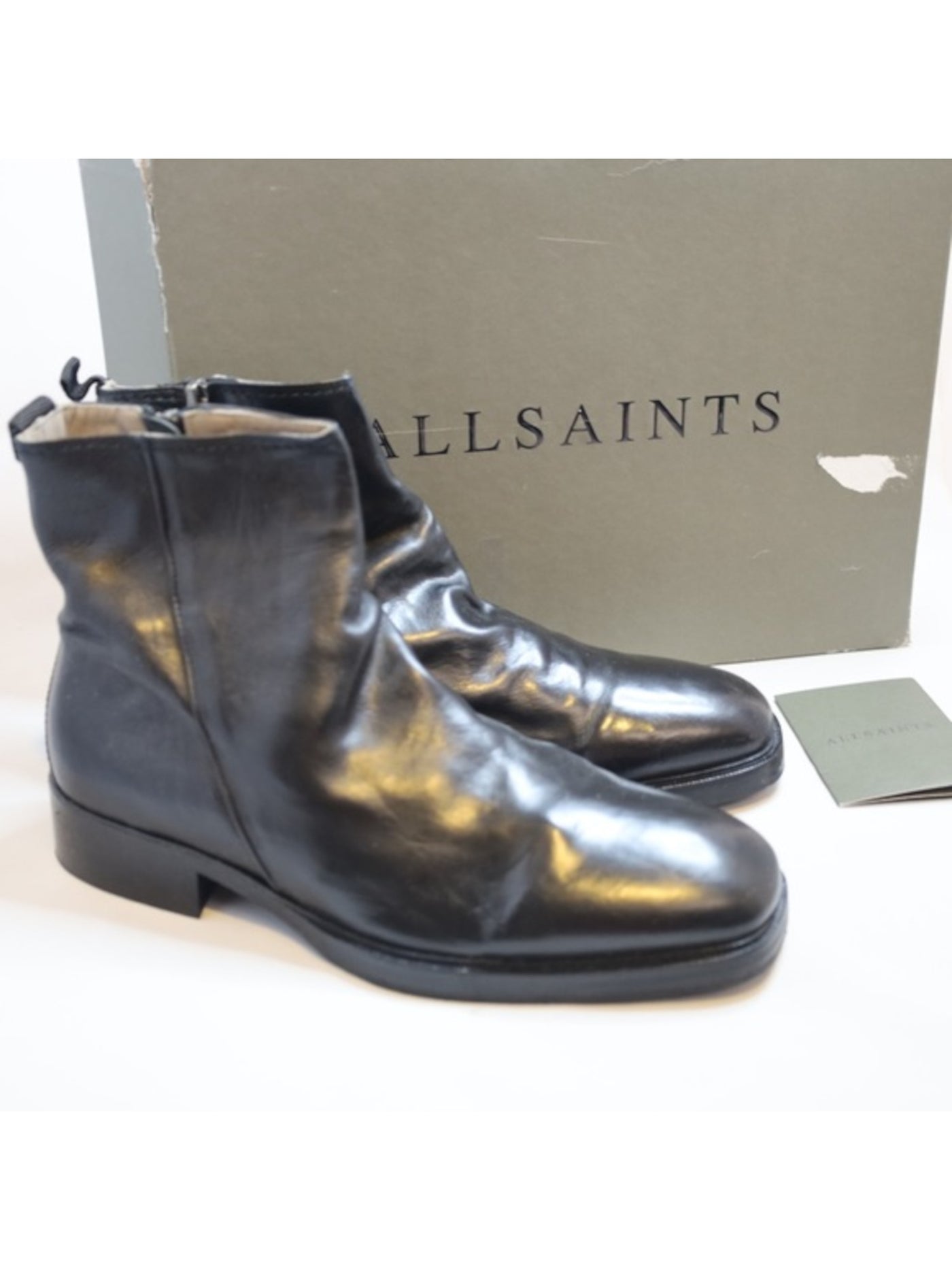 ALLSAINTS Mens Black Seth Square Toe Block Heel Zip-Up Leather Boots Shoes 42