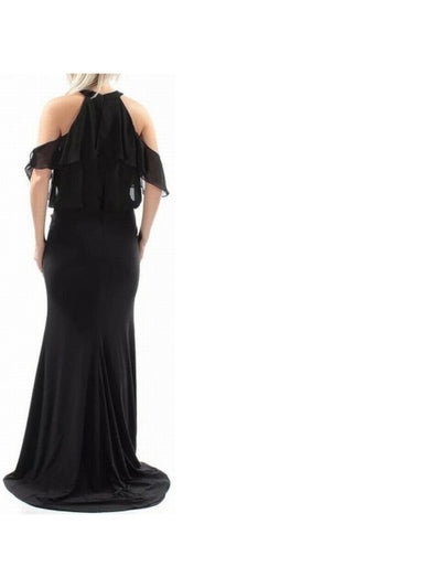 BETSY & ADAM Womens Black Cut Out Zippered Lined Ruffled Sheer Short Sleeve Halter Full-Length Evening Blouson Dress 2