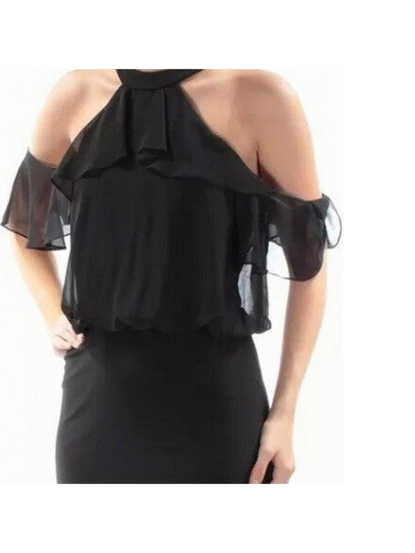 BETSY & ADAM Womens Black Cut Out Zippered Lined Ruffled Sheer Short Sleeve Halter Full-Length Evening Blouson Dress 2