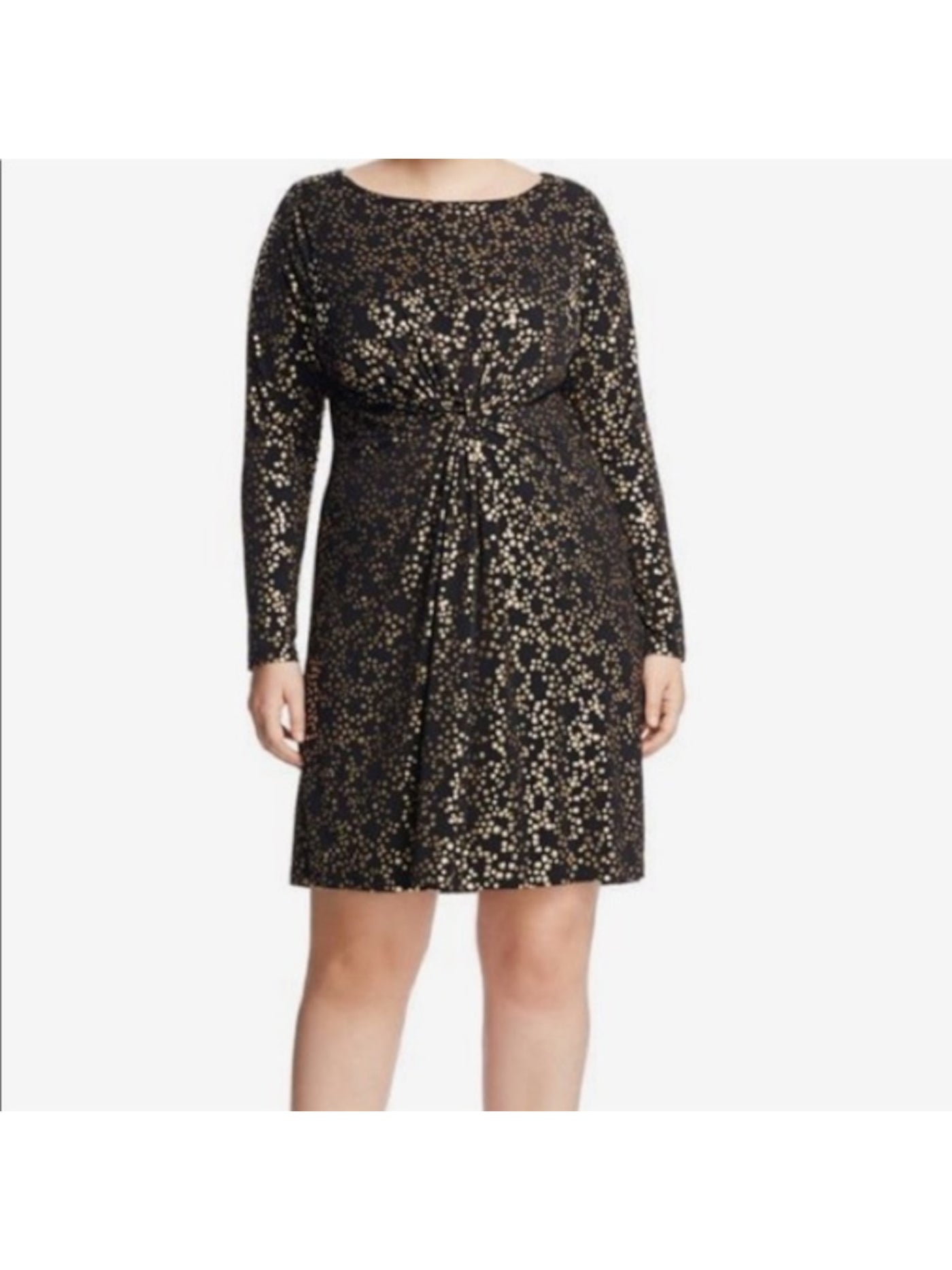 MICHAEL KORS Womens Twist Front Unlined Logo Plate Long Sleeve Crew Neck Above The Knee Fit + Flare Dress