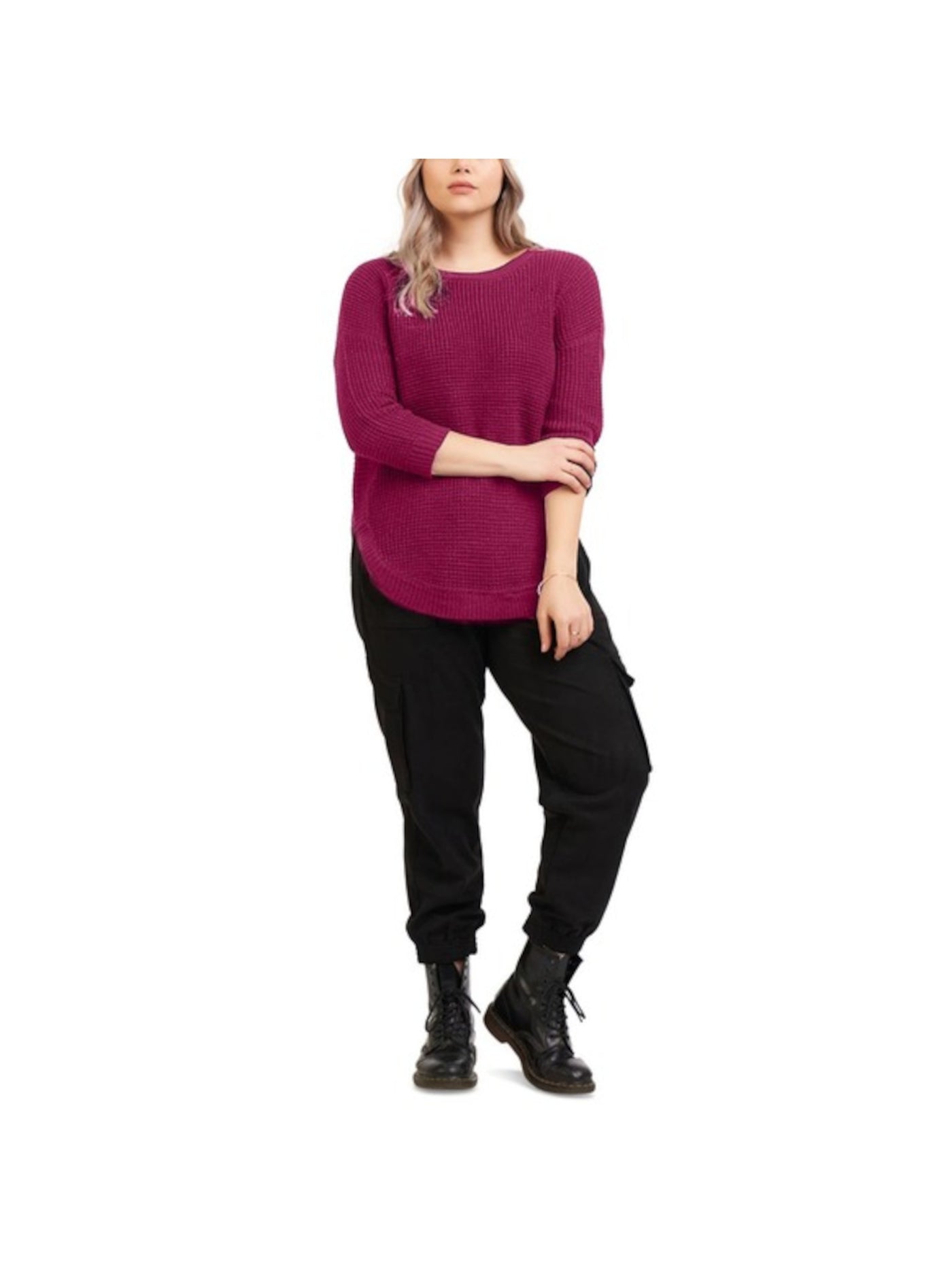 BLACK TAPE Womens Purple Ribbed Textured 3/4 Sleeve Round Neck Sweater Plus 2X