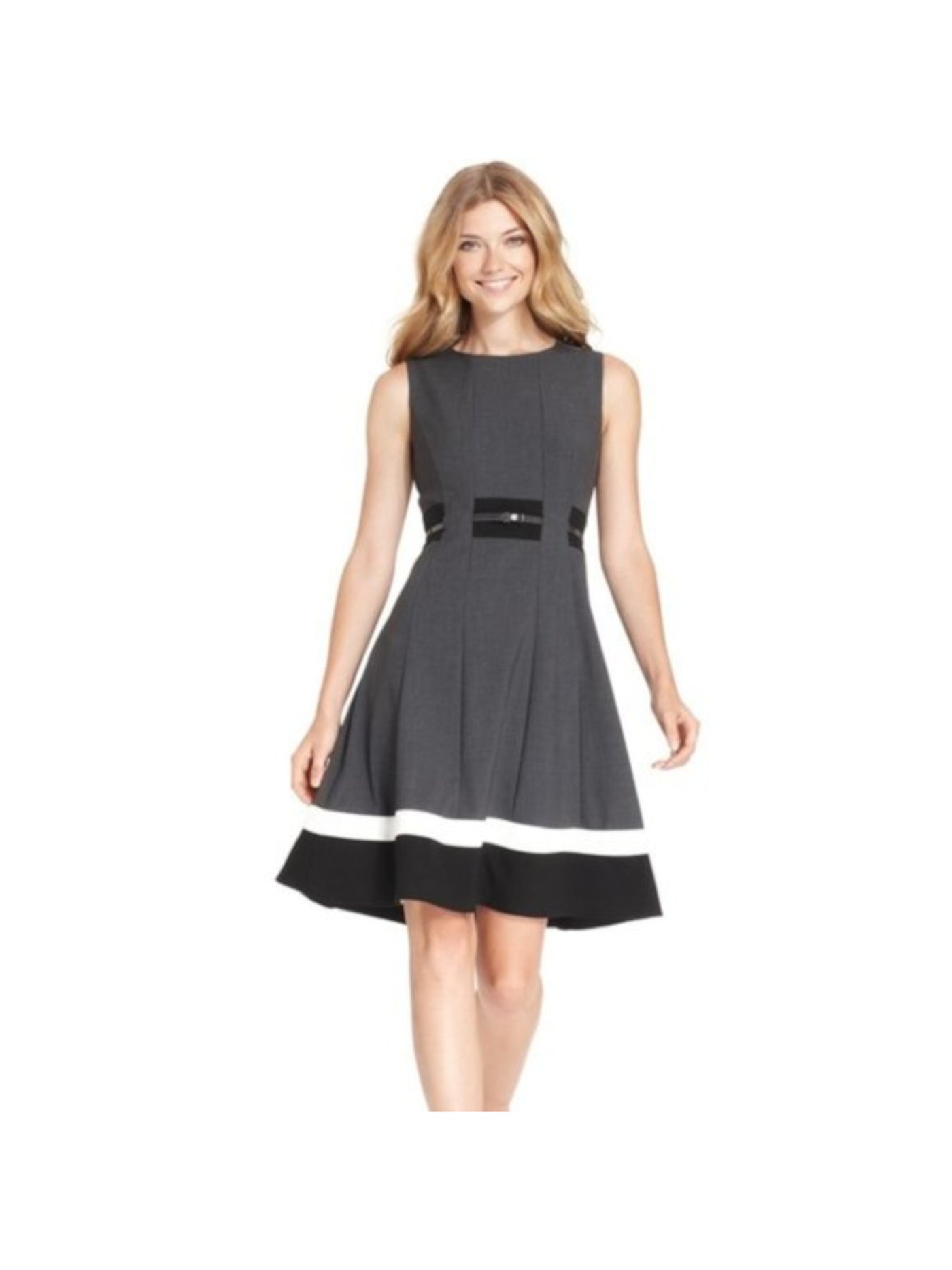CALVIN KLEIN Womens Gray Zippered Belted Lined Color Block Sleeveless Round Neck Above The Knee Wear To Work Fit + Flare Dress 2