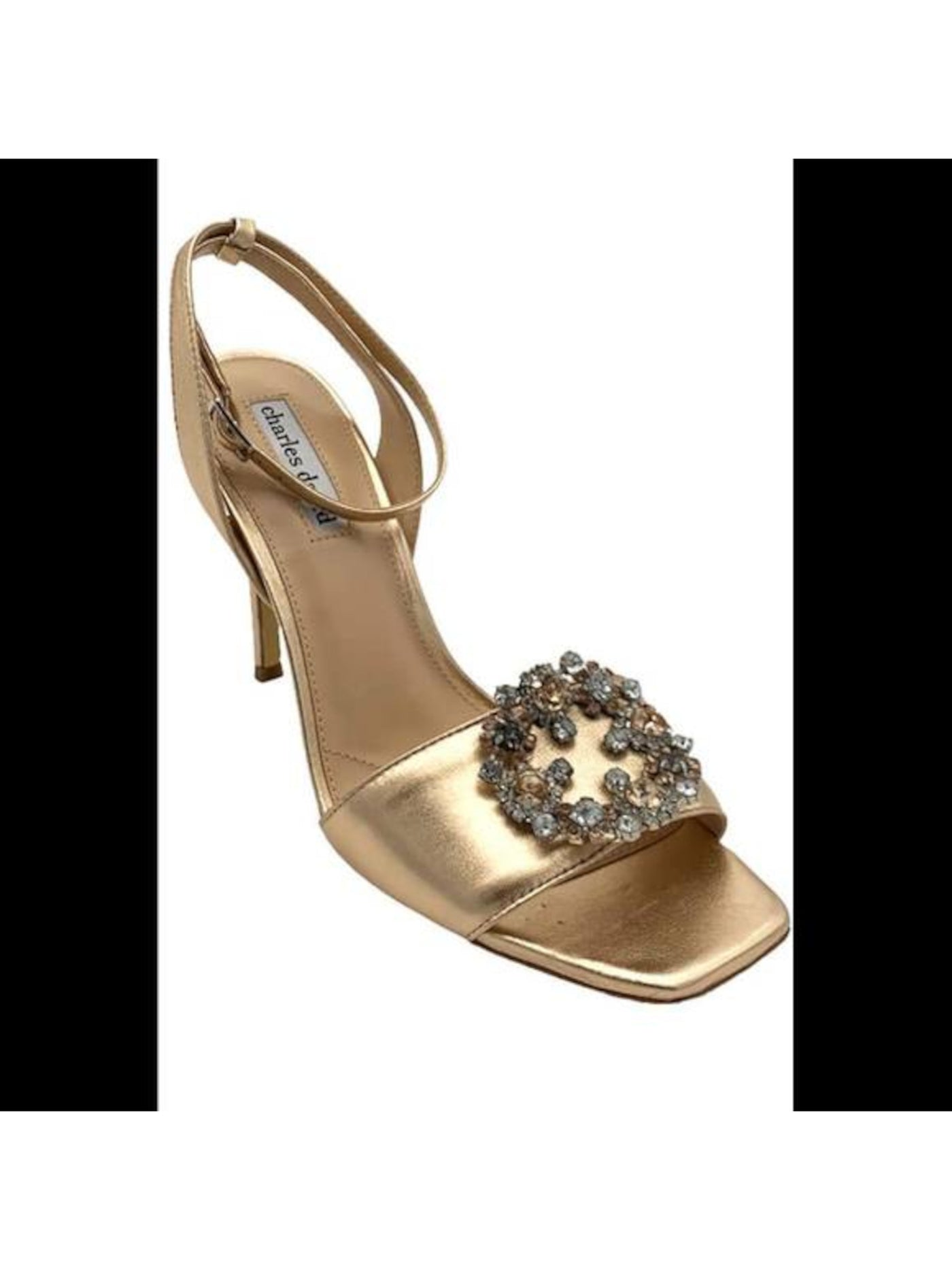 CHARLES DAVID Womens Gold Padded Ankle Strap Embellished Vanity Square Toe Stiletto Buckle Leather Dress Heeled Sandal 9 M