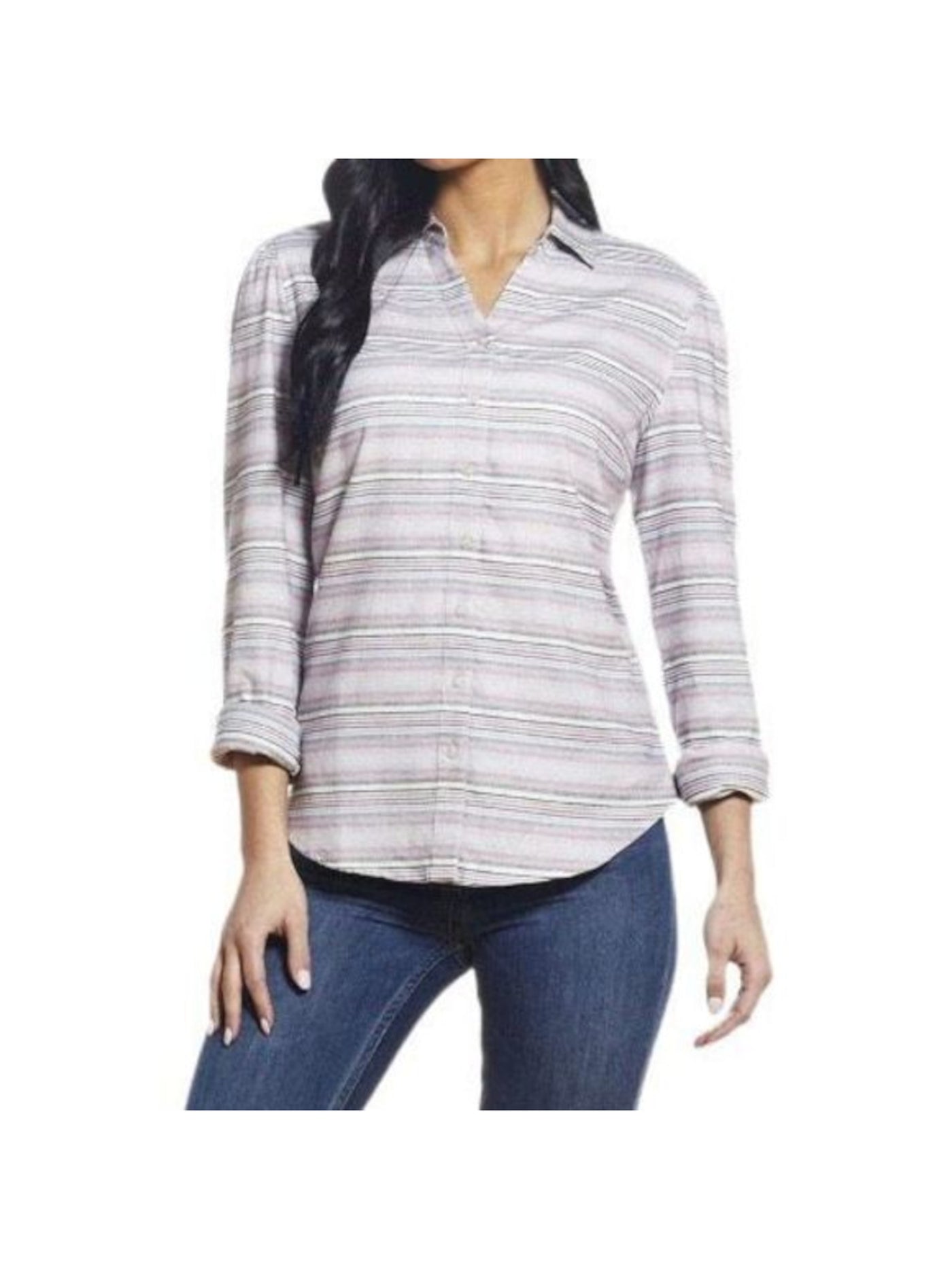 WEATHERPROOF VINTAGE Womens Gray Stretch Striped Cuffed Sleeve V Neck Button Up Top XS