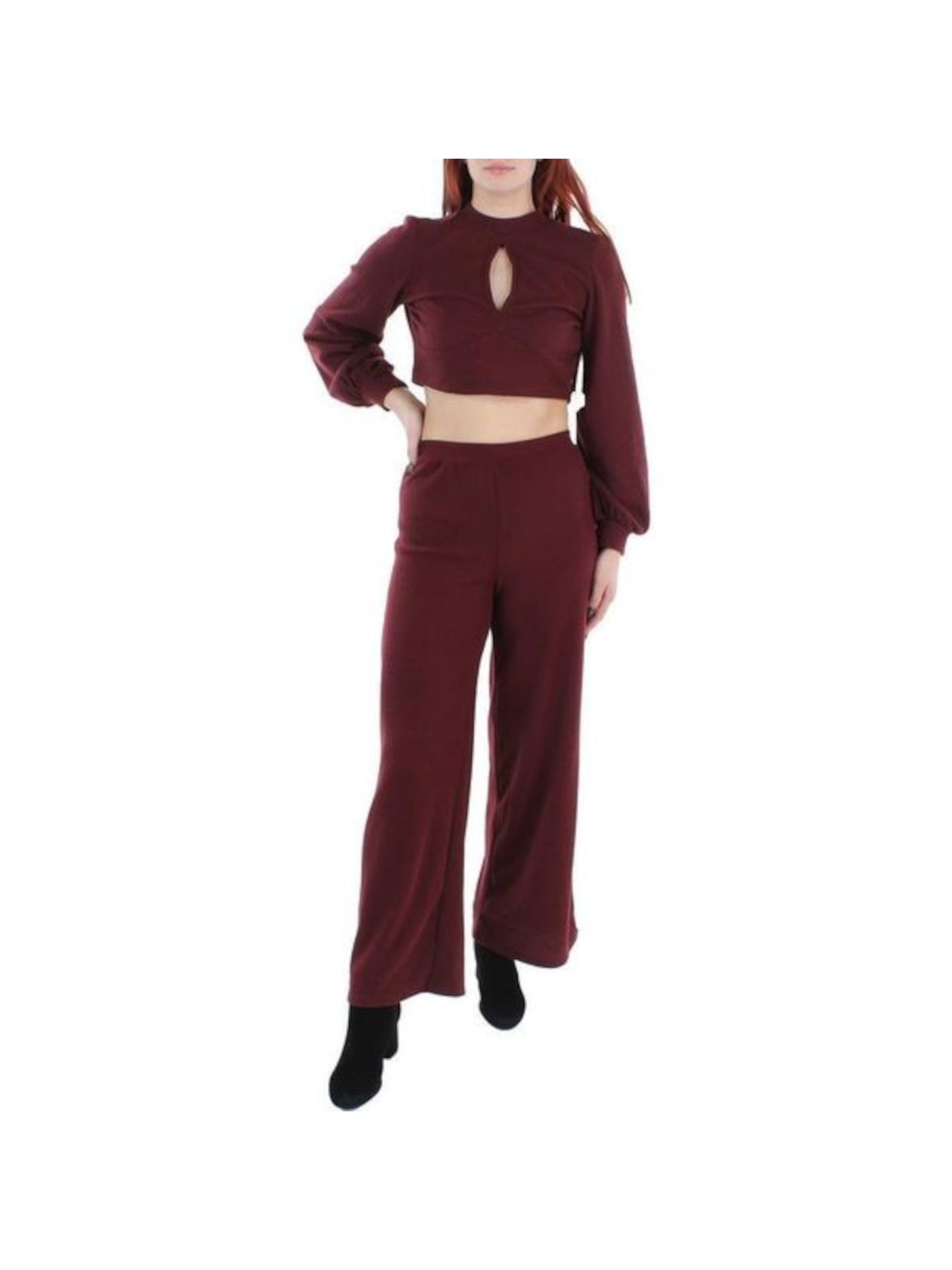 ALMOST FAMOUS Womens Burgundy Ribbed Balloon Crop Top Top Wide Leg Pants Sets L