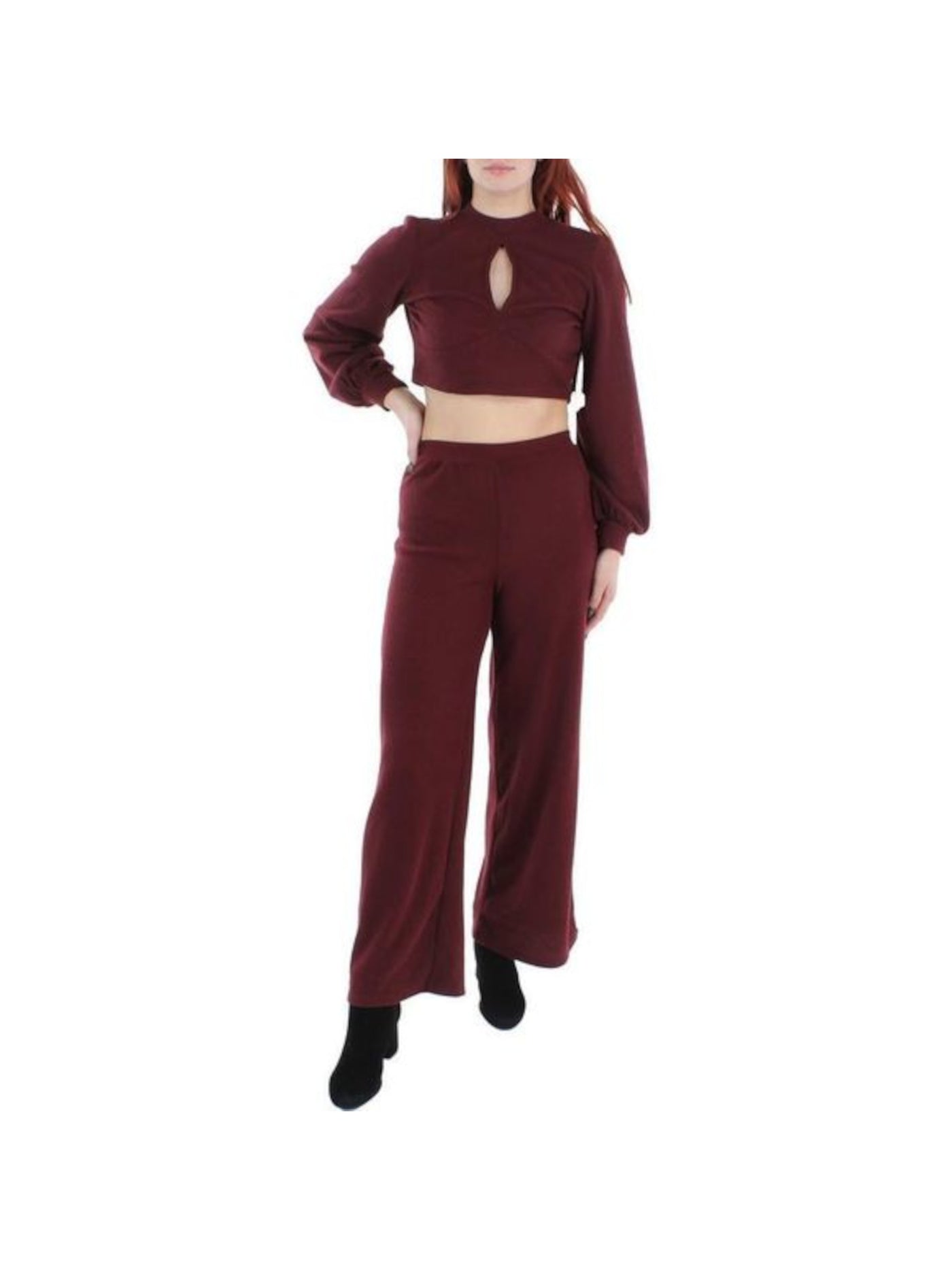 ALMOST FAMOUS Womens Maroon Cut Out Ribbed Keyhole Tie Back Balloon Sleeve Mock Neck Crop Top Wide Leg Jumpsuit M