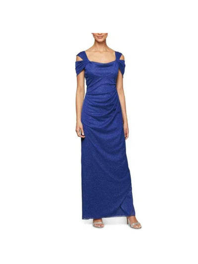 ALEX EVENINGS Womens Blue Cold Shoulder Glitter Draped Ruched Ruffled Short Sleeve Maxi Evening Dress 14