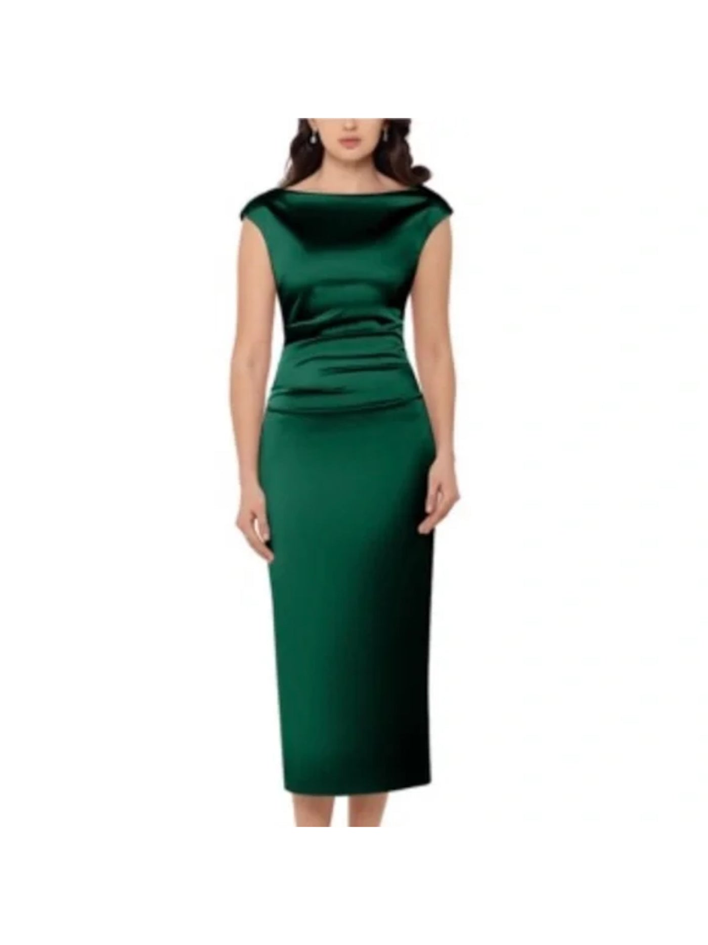 BETSY & ADAM Womens Green Pleated Zippered V-back Fitted Back Slit Sleeveless Boat Neck Midi Cocktail Sheath Dress 4