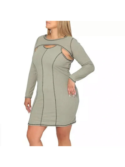 ULTRA FLIRT Womens Green Stretch Ribbed Removable Long Sleeve Shrug Long Sleeve Scoop Neck Short Cocktail Body Con Dress Plus 2X