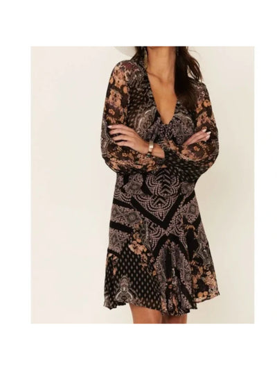 FREE PEOPLE Womens Black Printed Long Sleeve Scoop Neck Above The Knee Evening Shift Dress S