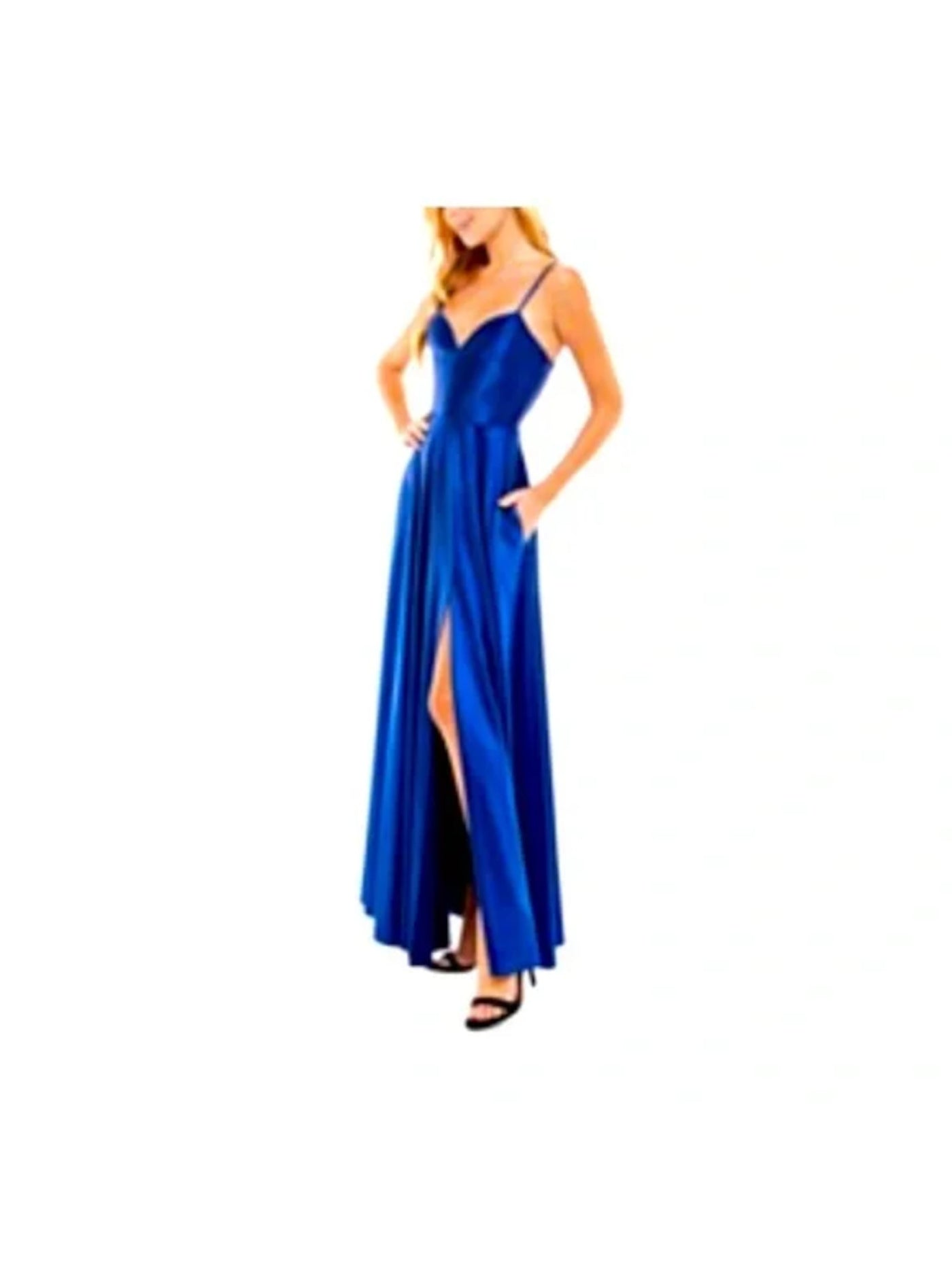 CITY STUDIO Womens Blue Zippered Pocketed Slitted Spaghetti Strap V Neck Full-Length  Gown Prom Dress Juniors 15
