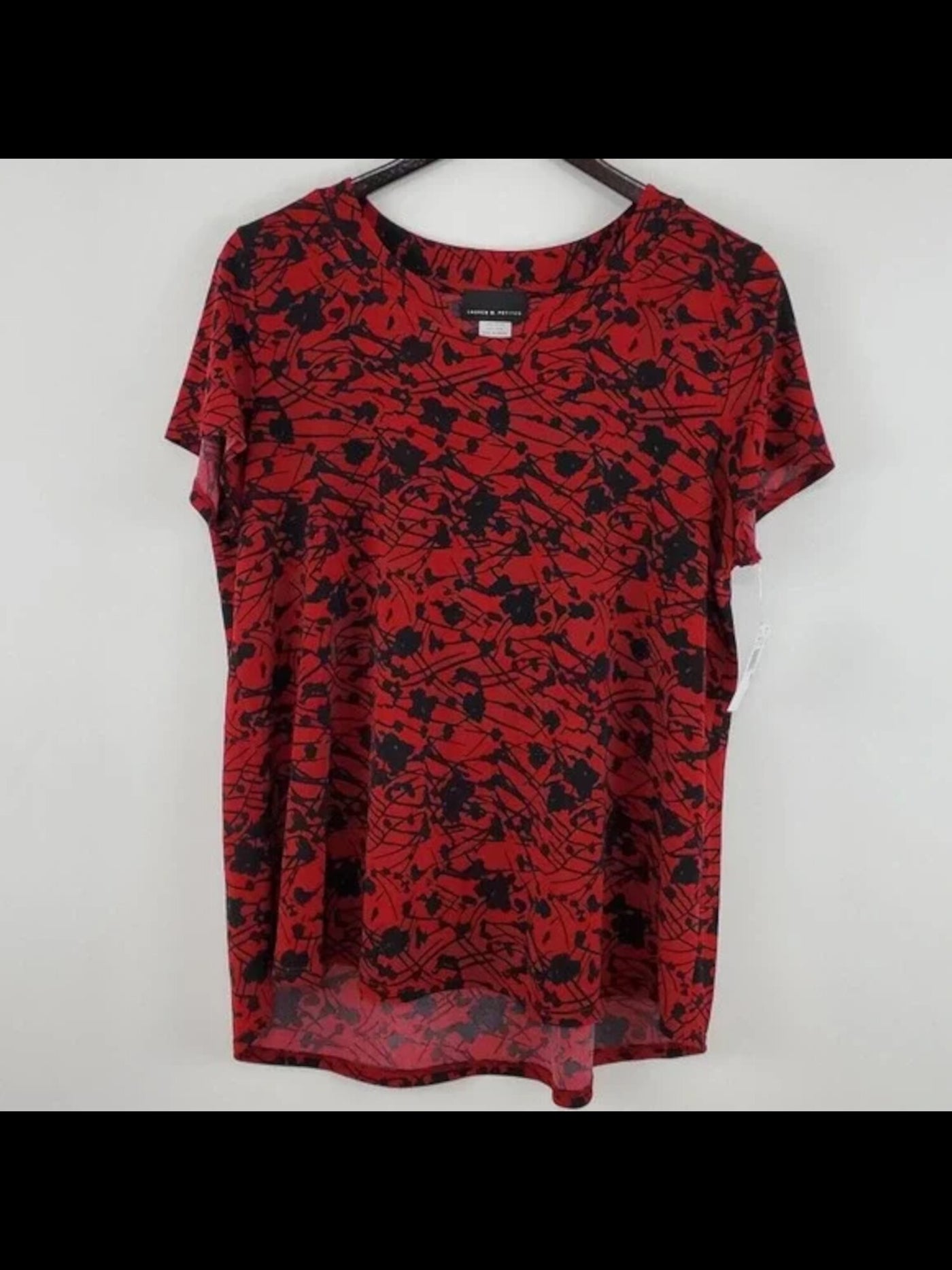 Lauren M Womens Red Stretch Printed Short Sleeve Crew Neck Top Petites PXS