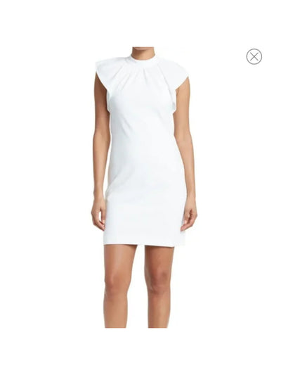 CALVIN KLEIN Womens White Stretch Ruched Zippered Ruffle Cap Sleeves Mock Neck Above The Knee Wear To Work Sheath Dress 12