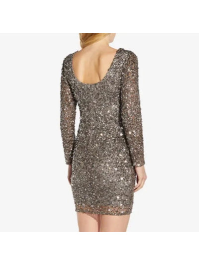 ADRIANNA PAPELL Womens Gray Sequined Zippered Lined Long Sleeve Boat Neck Short Cocktail Sheath Dress 20