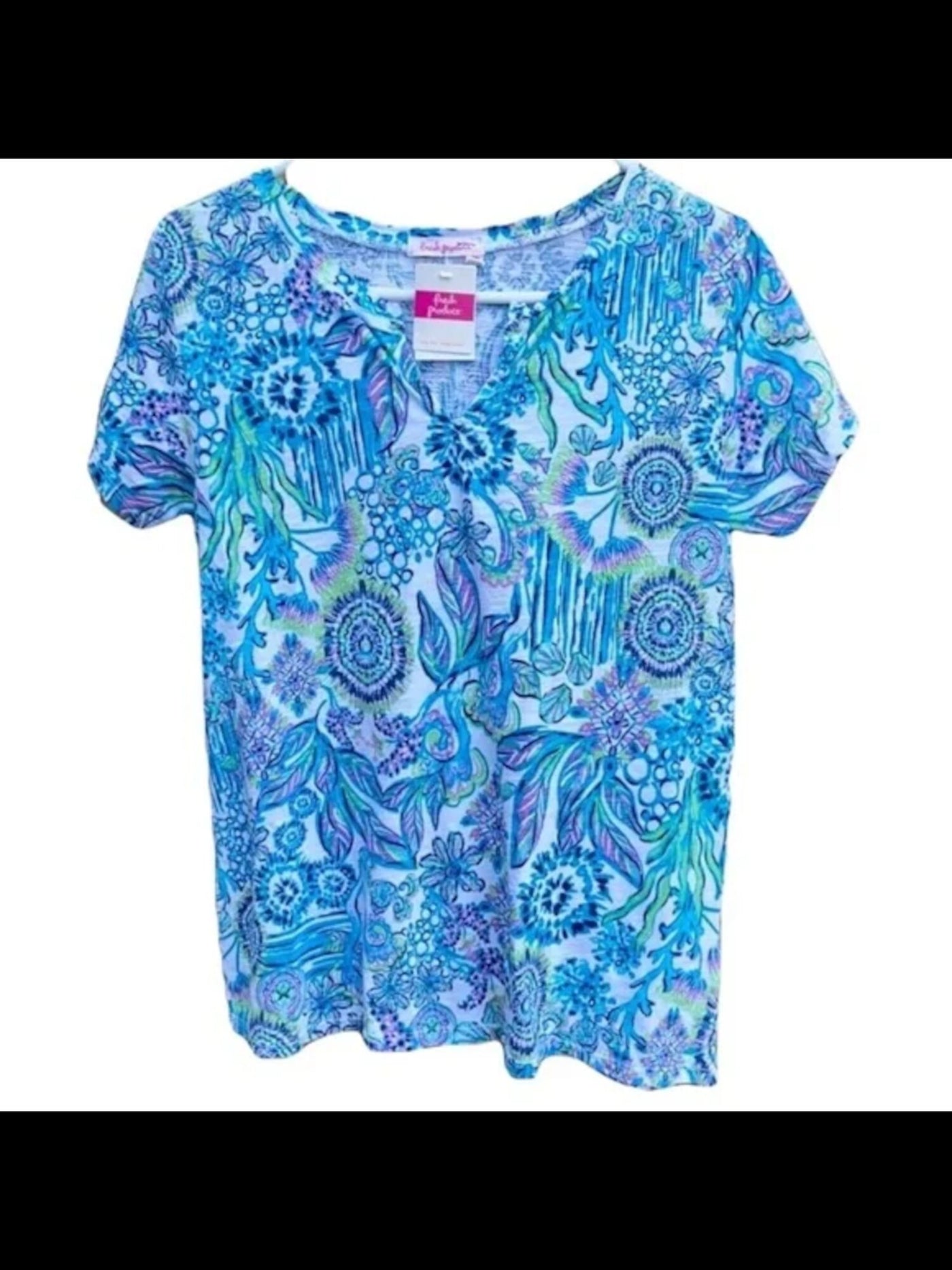 FRESH PRODUCE Womens Blue Printed Short Sleeve Split T-Shirt XS