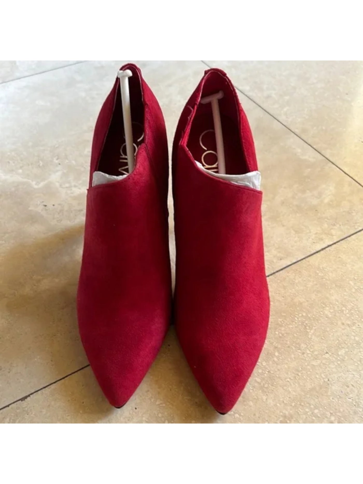 CALVIN KLEIN Womens Red Goring Asymmetrical Harmon Pointy Toe Stiletto Slip On Leather Dress Booties 7 M