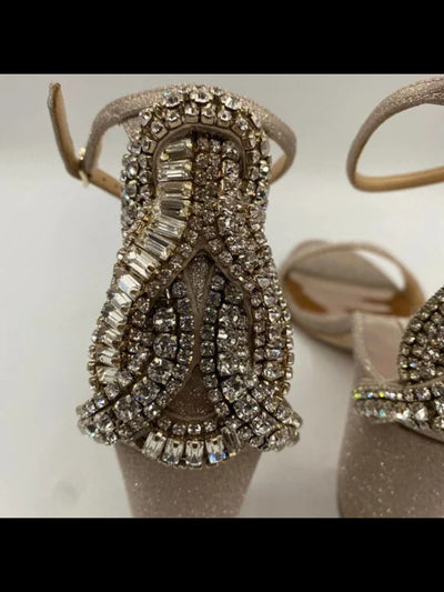 BADGLEY MISCHKA Womens Champagne Gold Crystal Back Glitter Ankle Strap Zabella Almond Toe Block Heel Buckle Dress Sandals Shoes 8.5