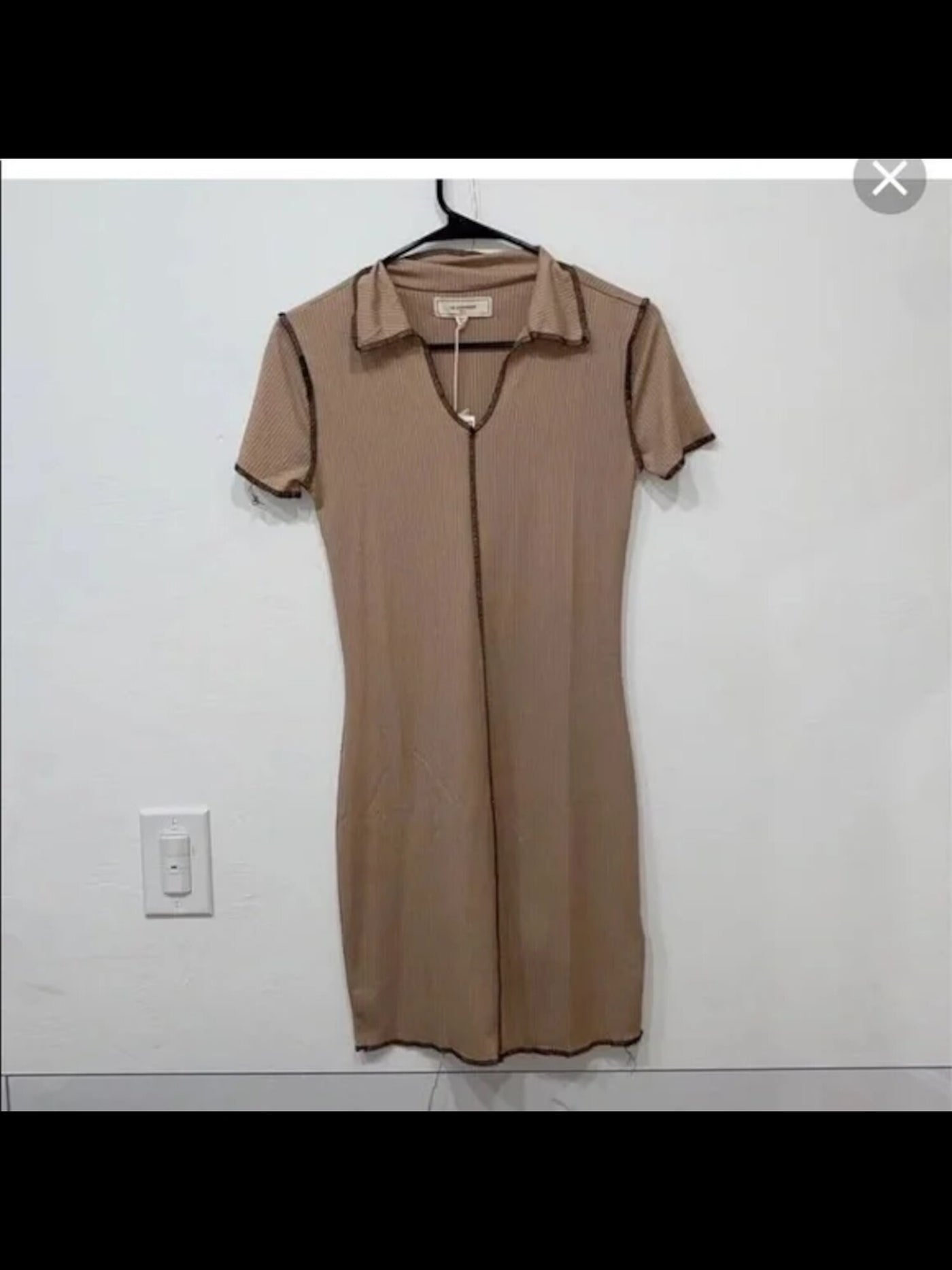 NO COMMENT Womens Beige Stretch Ribbed Short Sleeve Collared Short Body Con Dress Juniors XL
