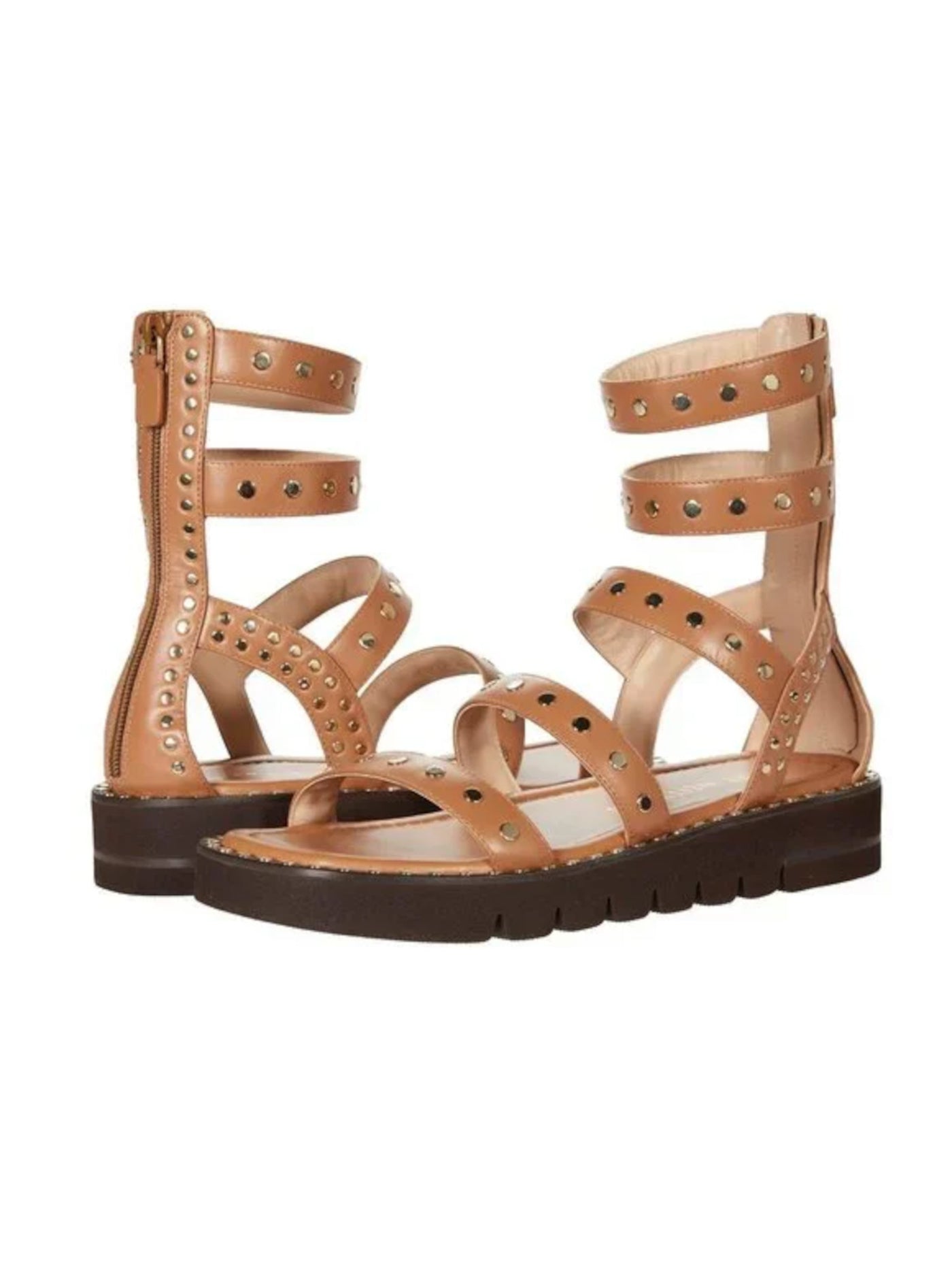 STUART WEITZMAN Womens Tan Beige 1" Platform Studded Strappy Gala Lift Square Toe Wedge Zip-Up Leather Gladiator Sandals Shoes 7.5 B