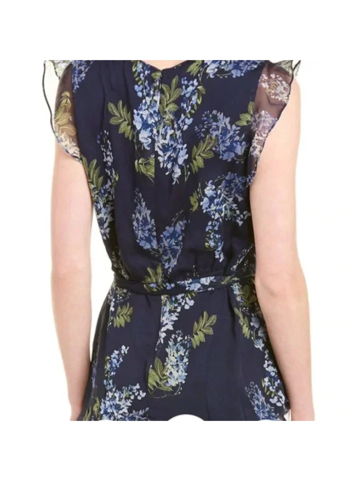 VINCE CAMUTO Womens Navy Zippered Sheer Lined Tie Snap Closure Front Floral Sleeveless V Neck Top S