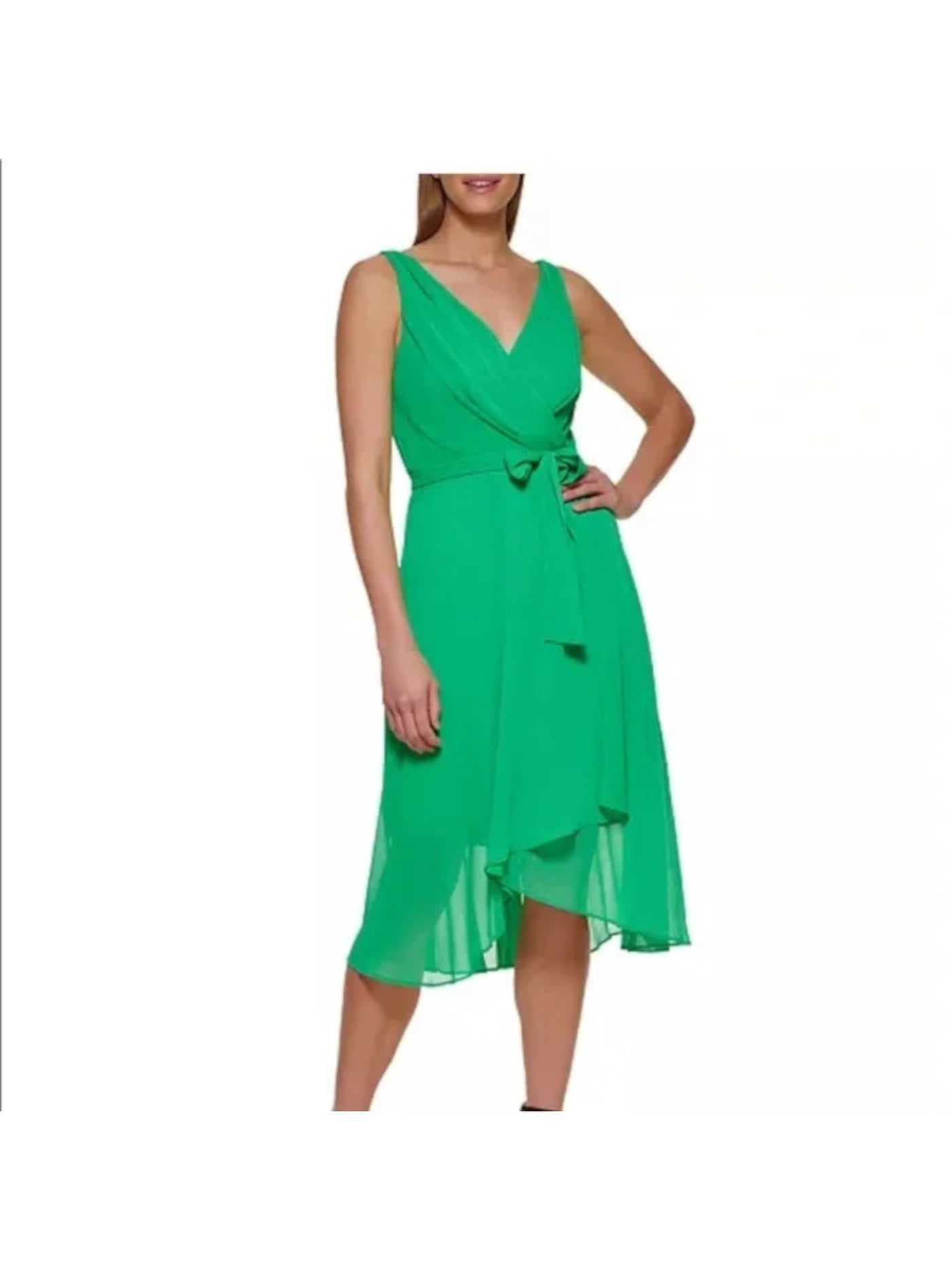 DKNY Womens Green Sheer Zippered Self Tie Waist Lined Hi-lo Hem Sleeveless Surplice Neckline Midi Party Faux Wrap Dress 2